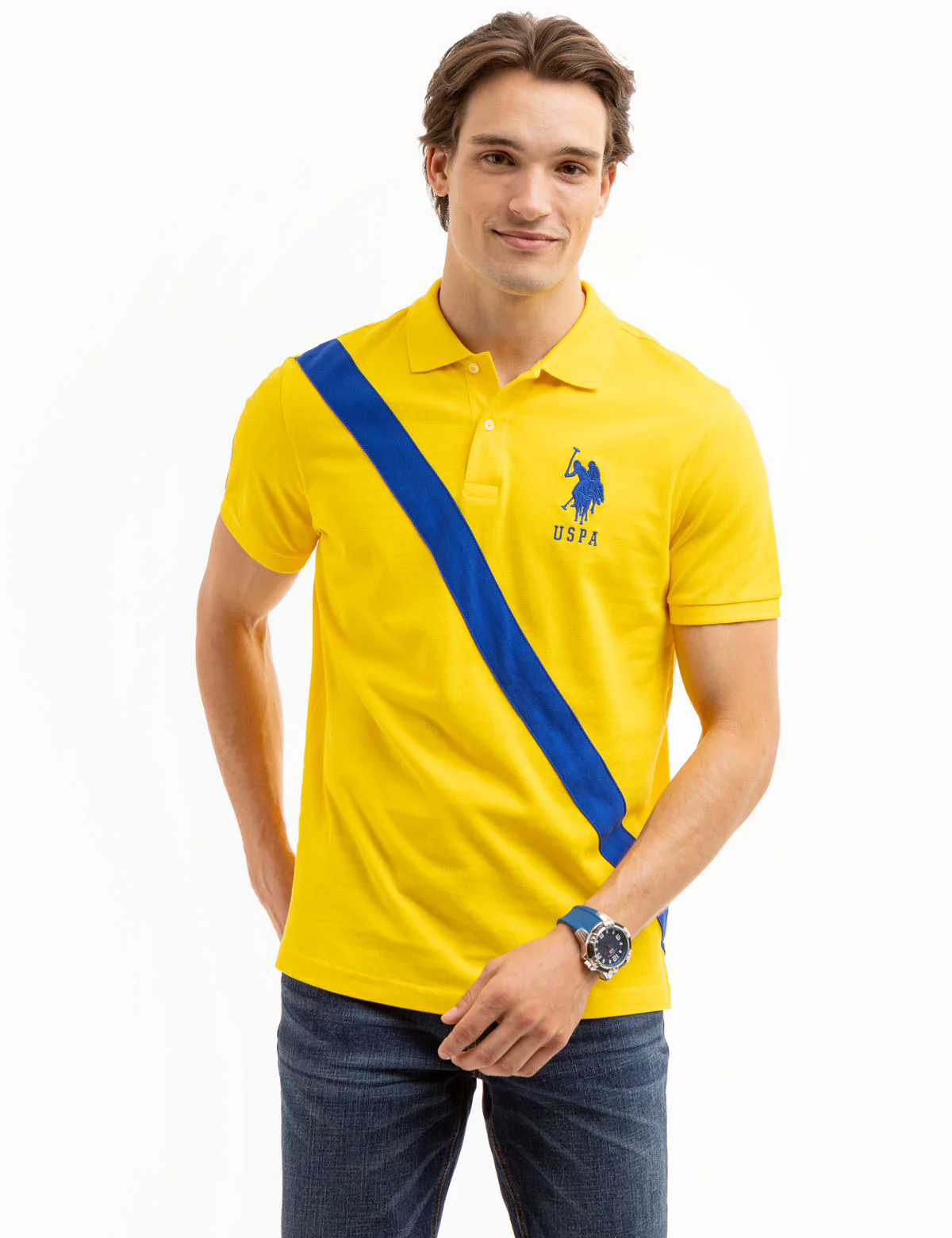 DIAGONAL SASH FRONT PIQUE POLO SHIRT
