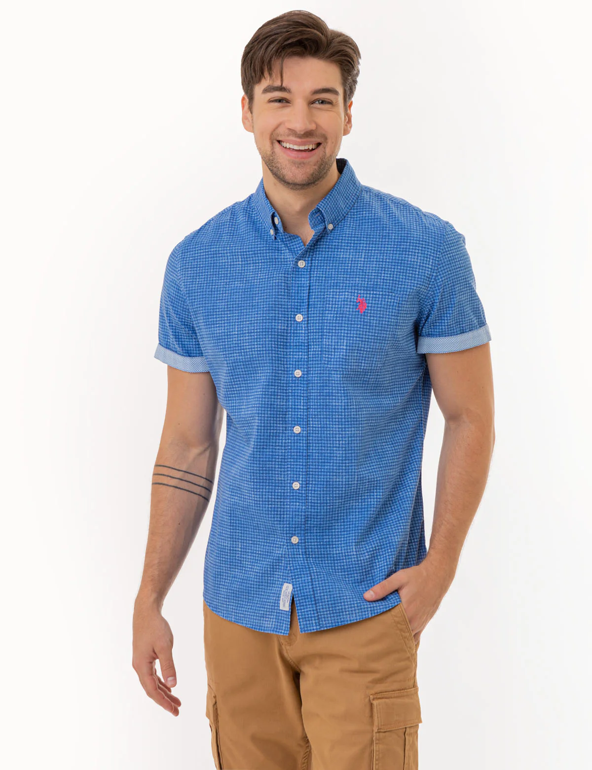 GINGHAM SHORT SLEEVE SOLID SLUB POPLIN SHIRT