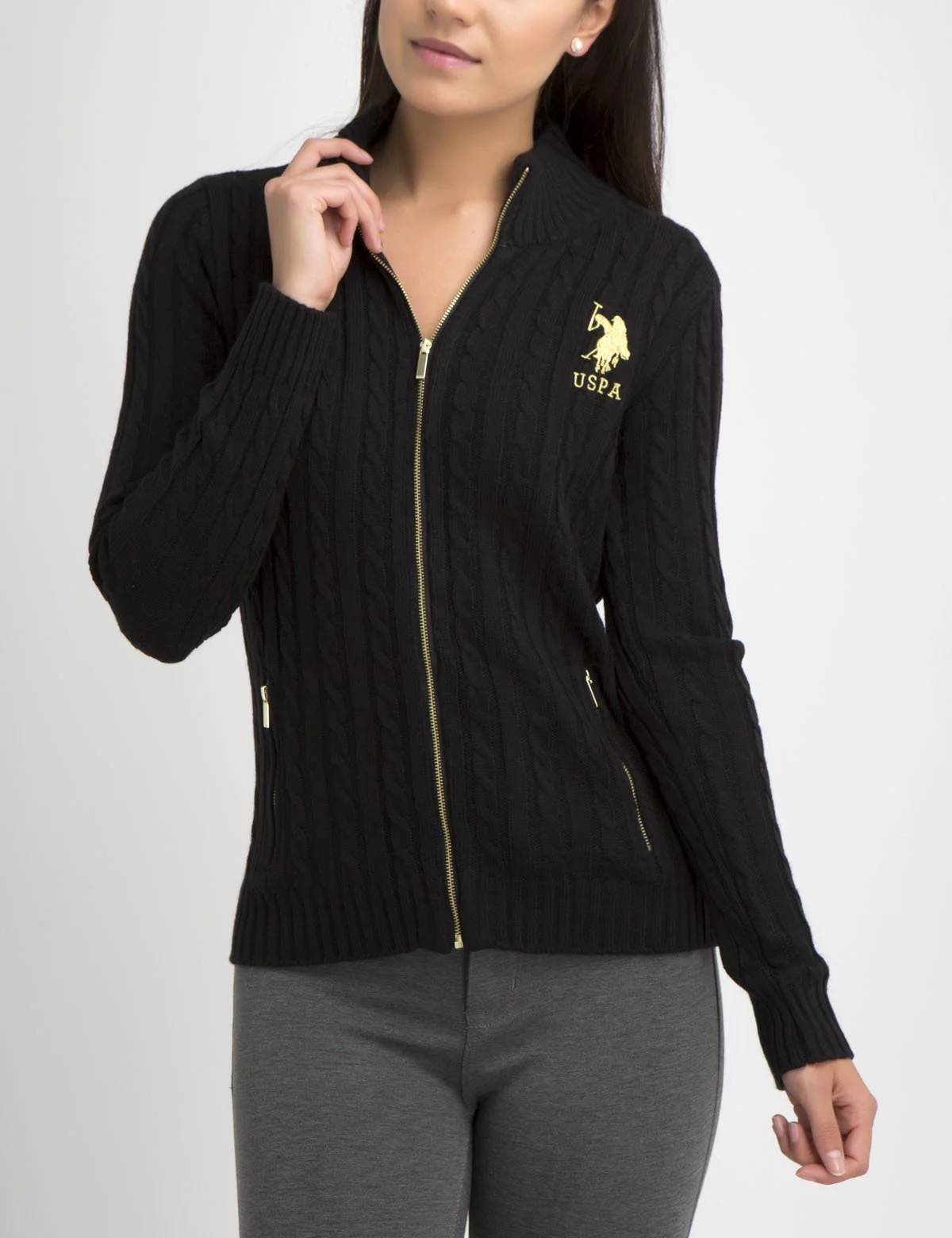 Gold Logo Full Zip Cable Sweater - Image 2