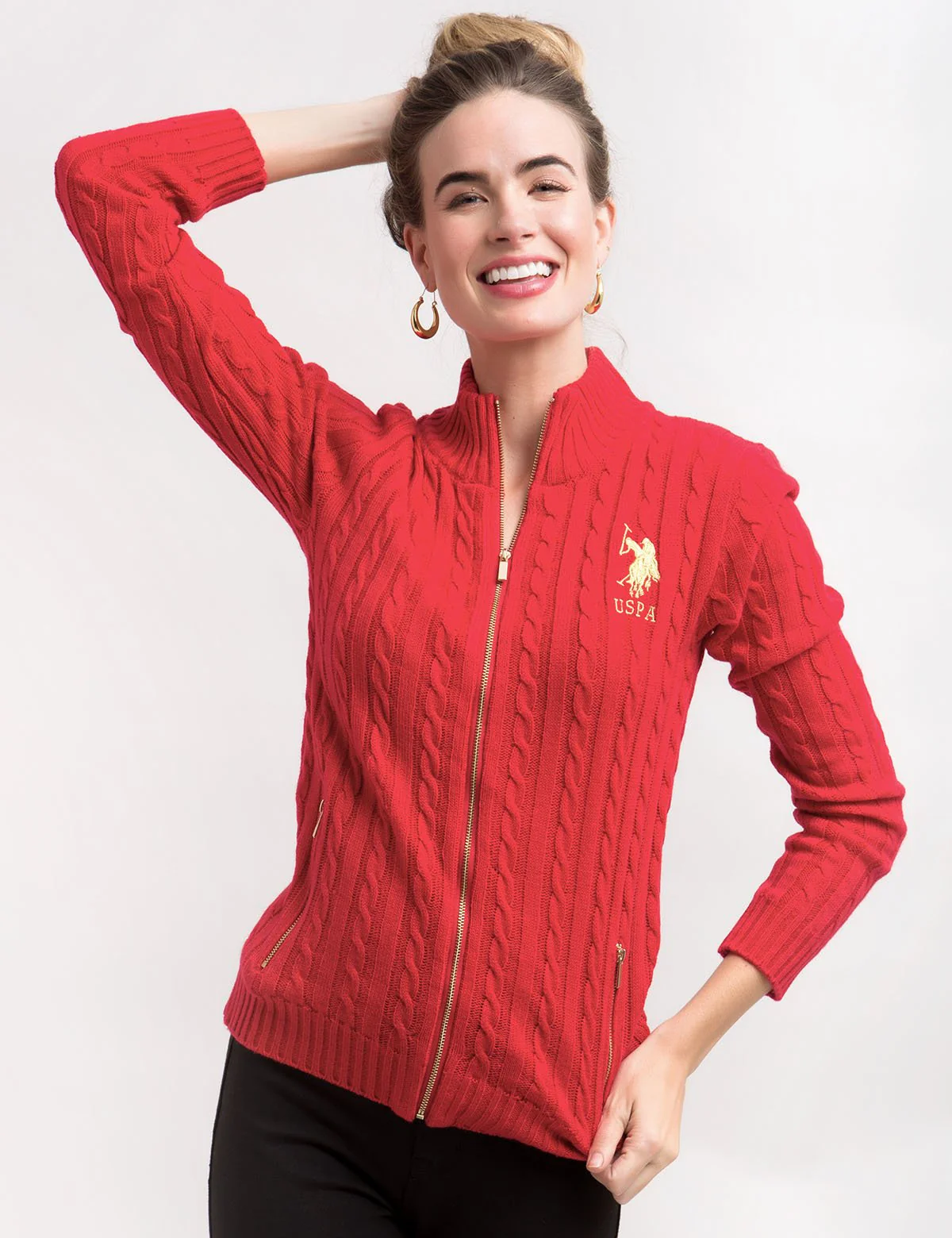 Gold Logo Full Zip Cable Sweater - Image 3