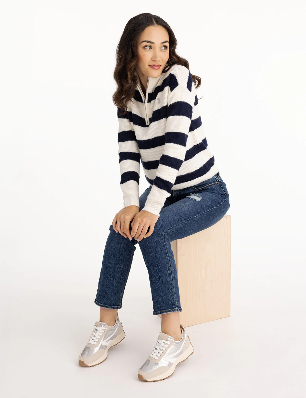 HALF ZIP MOCK NECK STRIPE SWEATER - Image 6