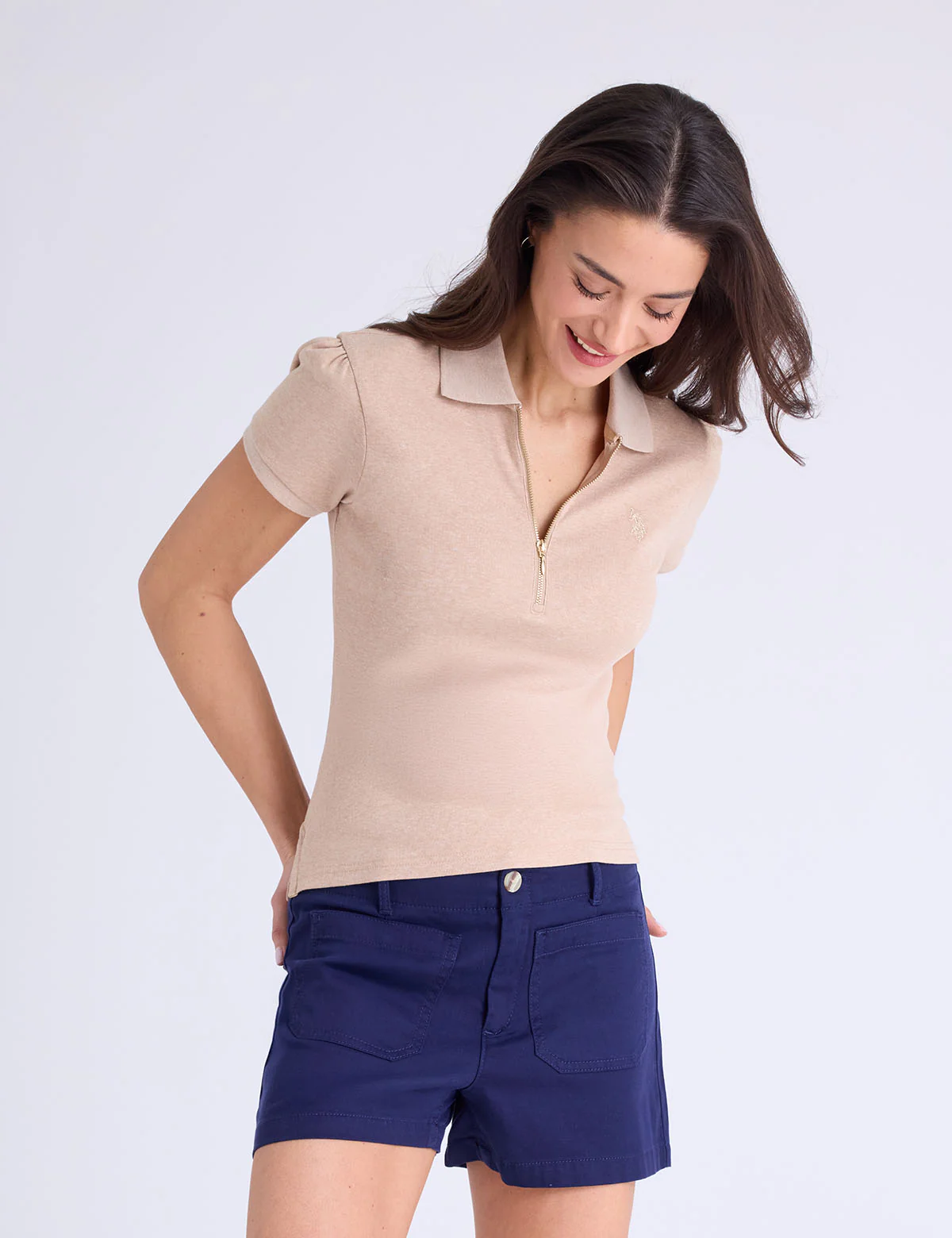 HALF ZIP PUFF SLEEVE HEATHER POLO SHIRT - Image 6