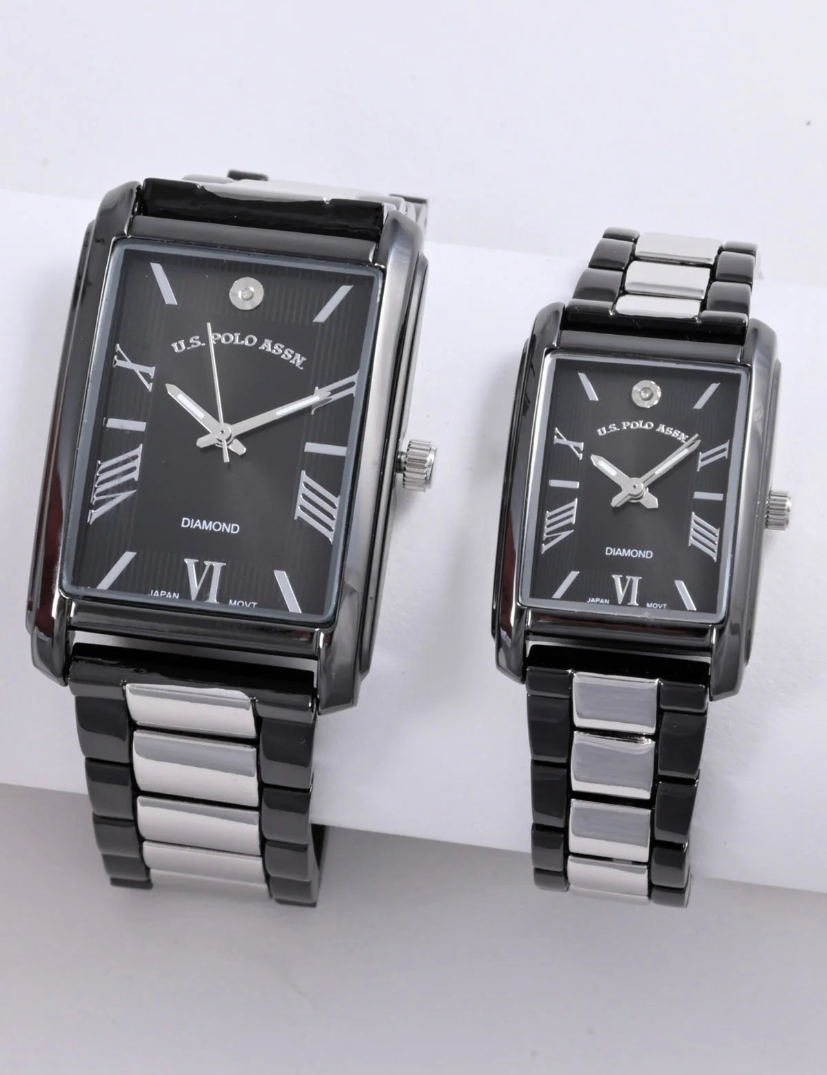 HIS AND HERS BLACK AND SILVER DIAMOND WATCH SET
