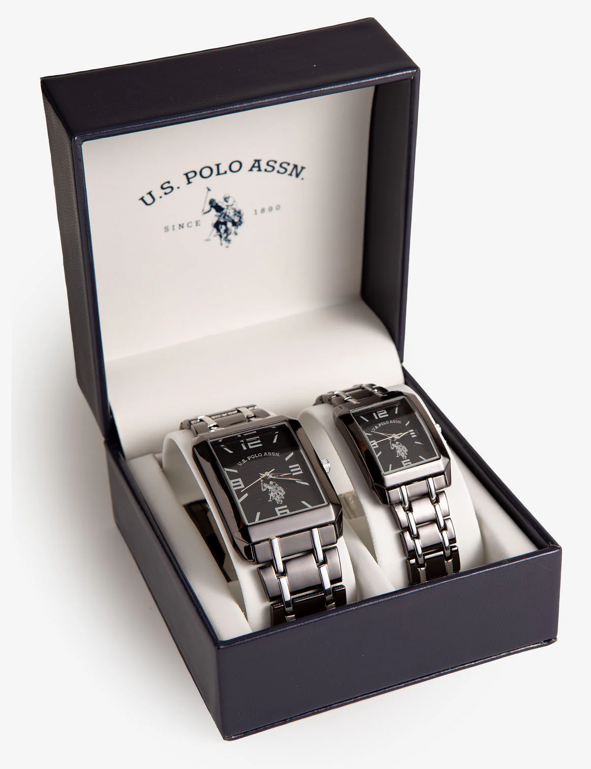 HIS AND HERS GUN METAL RECTANGULAR WATCH SET