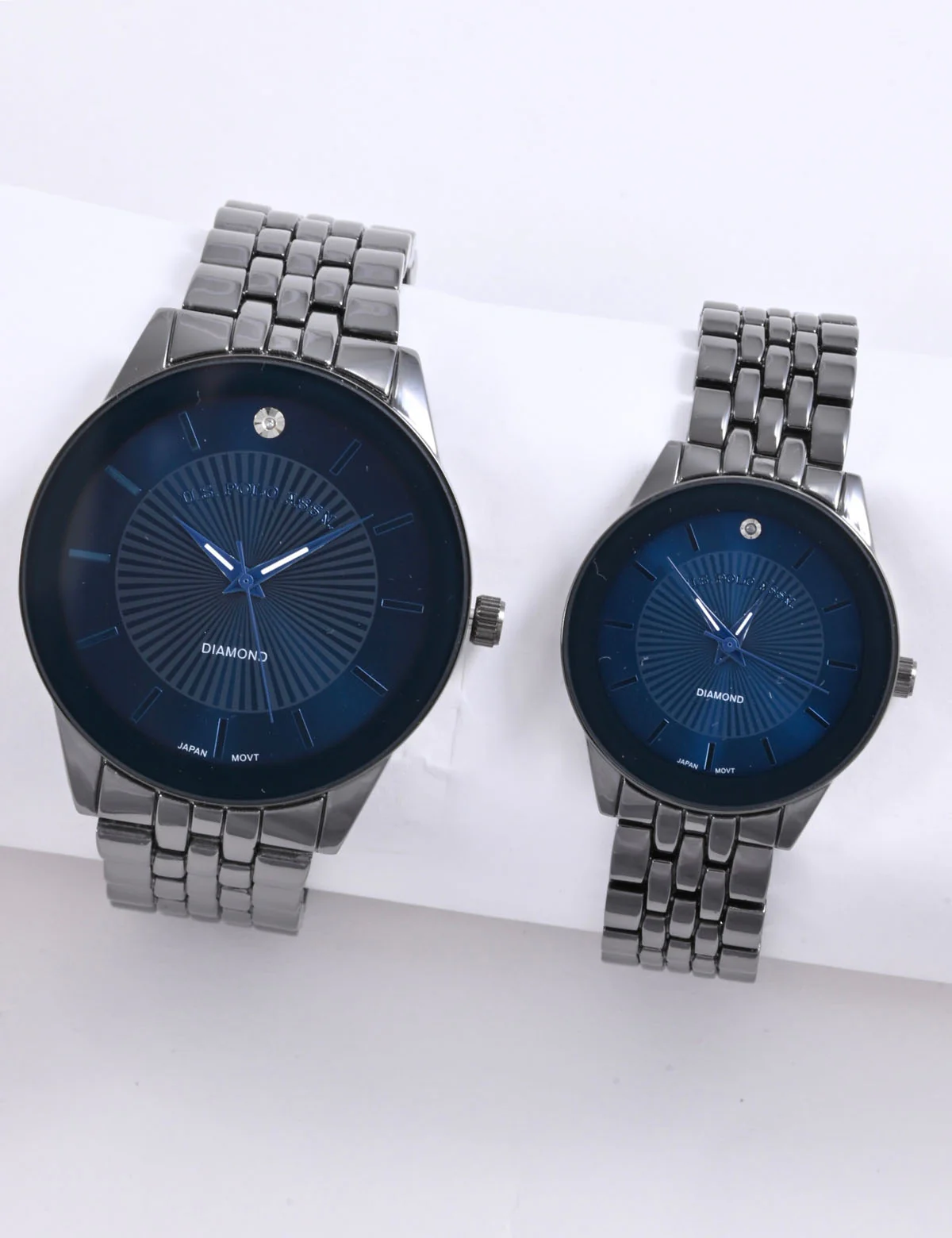 HIS AND HERS GUNMETAL BLUE DIAMOND DIAL WATCH SET