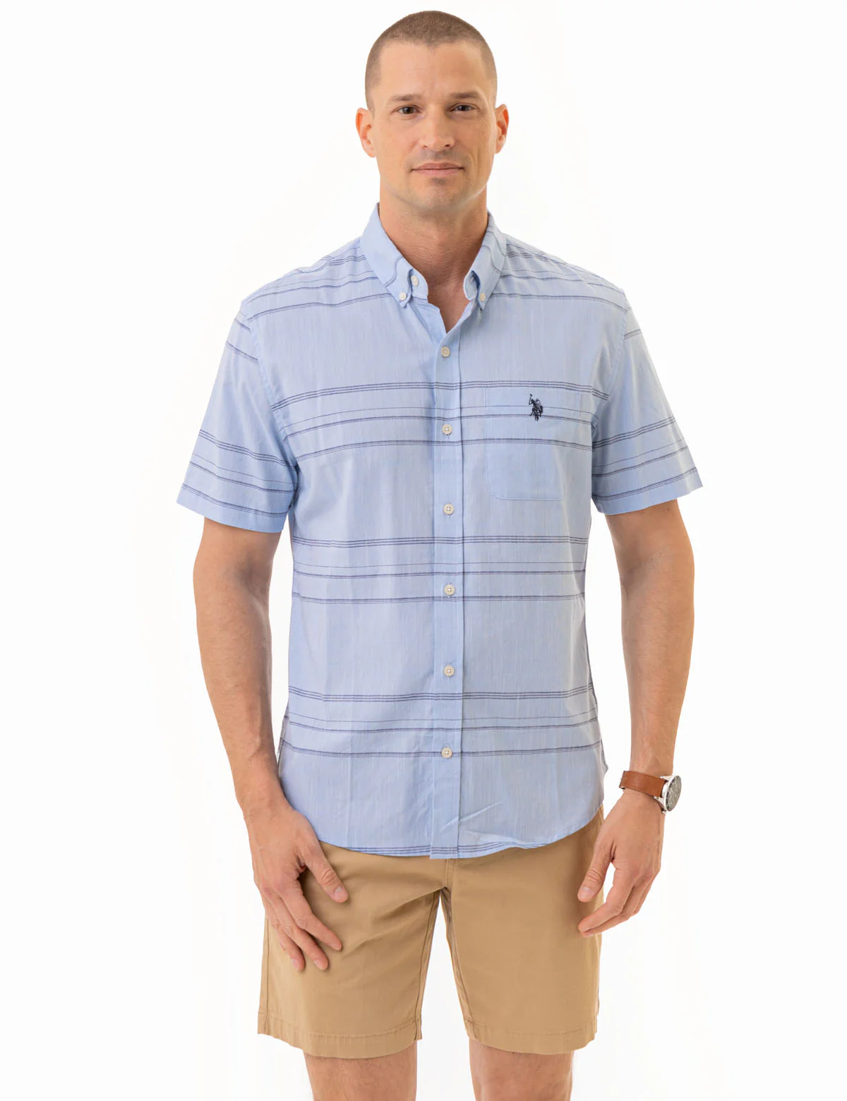 HORIZONTAL STRIPE SHORT SLEEVE WOVEN SHIRT