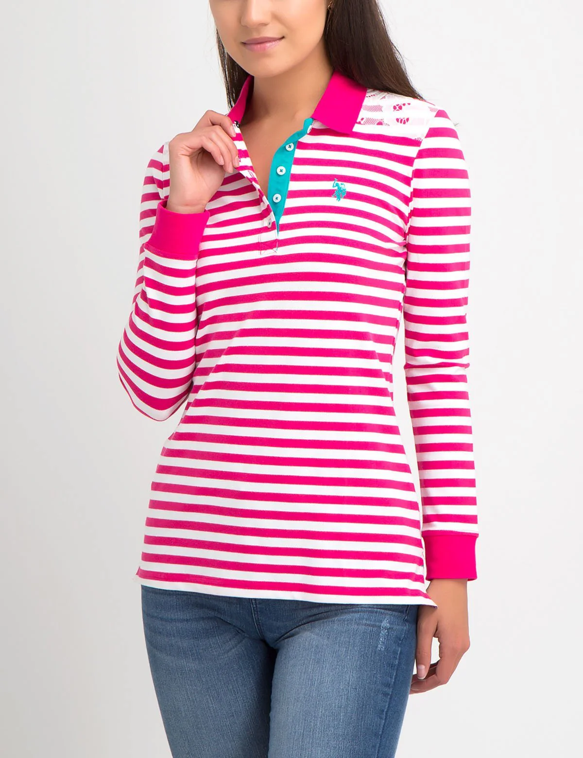 LACE TRIM STRIPE LONG SLEEVE POLO SHIRT