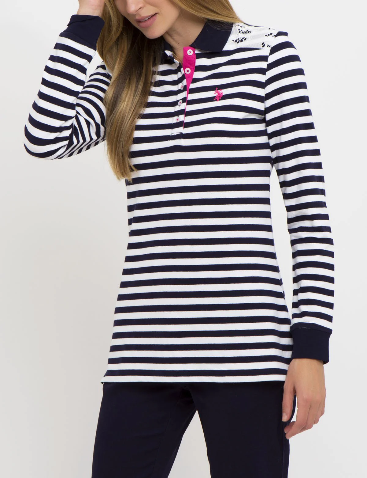 LACE TRIM STRIPE LONG SLEEVE POLO SHIRT - Image 8