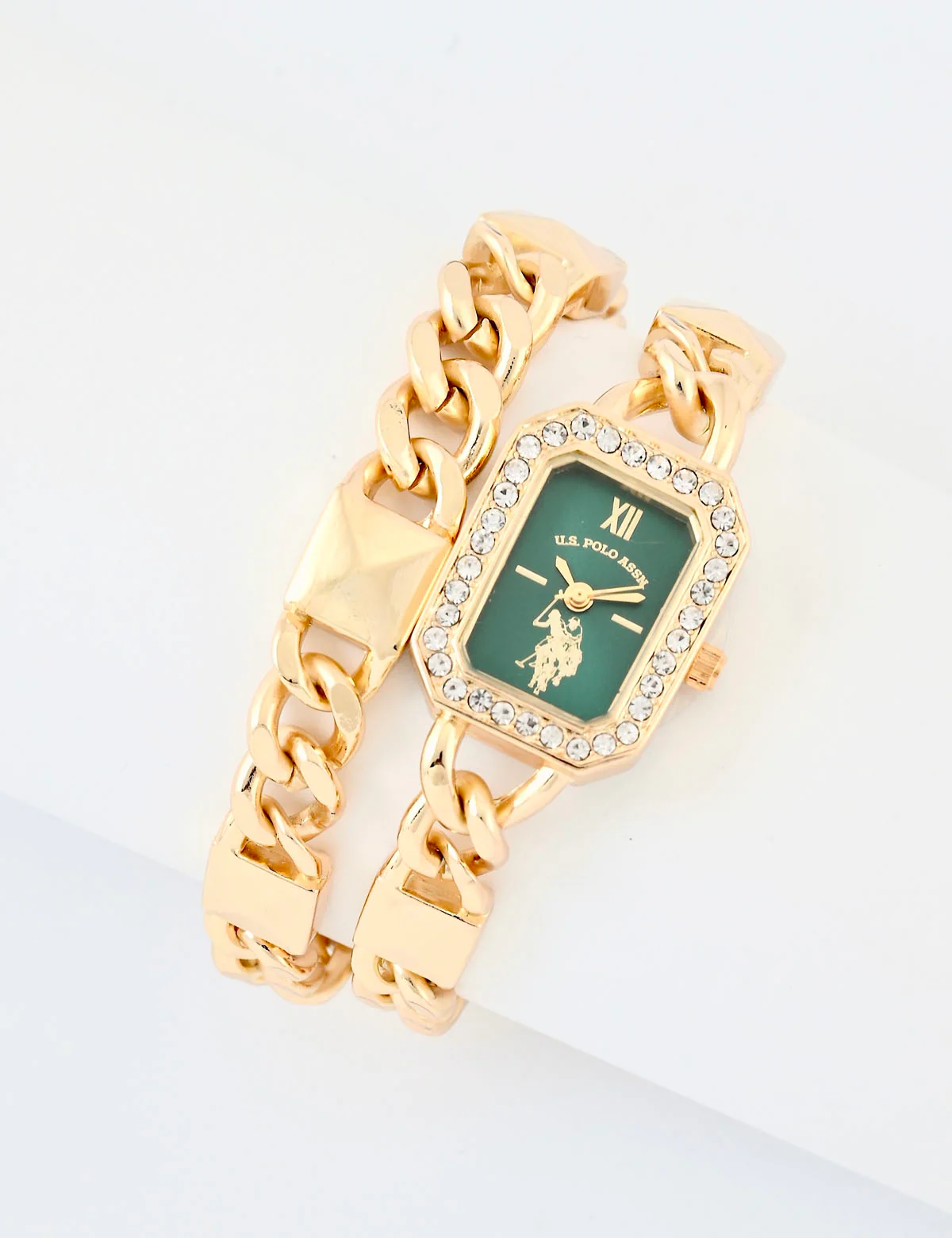 LADIES GOLD AND GREEN BRACELET WATCH