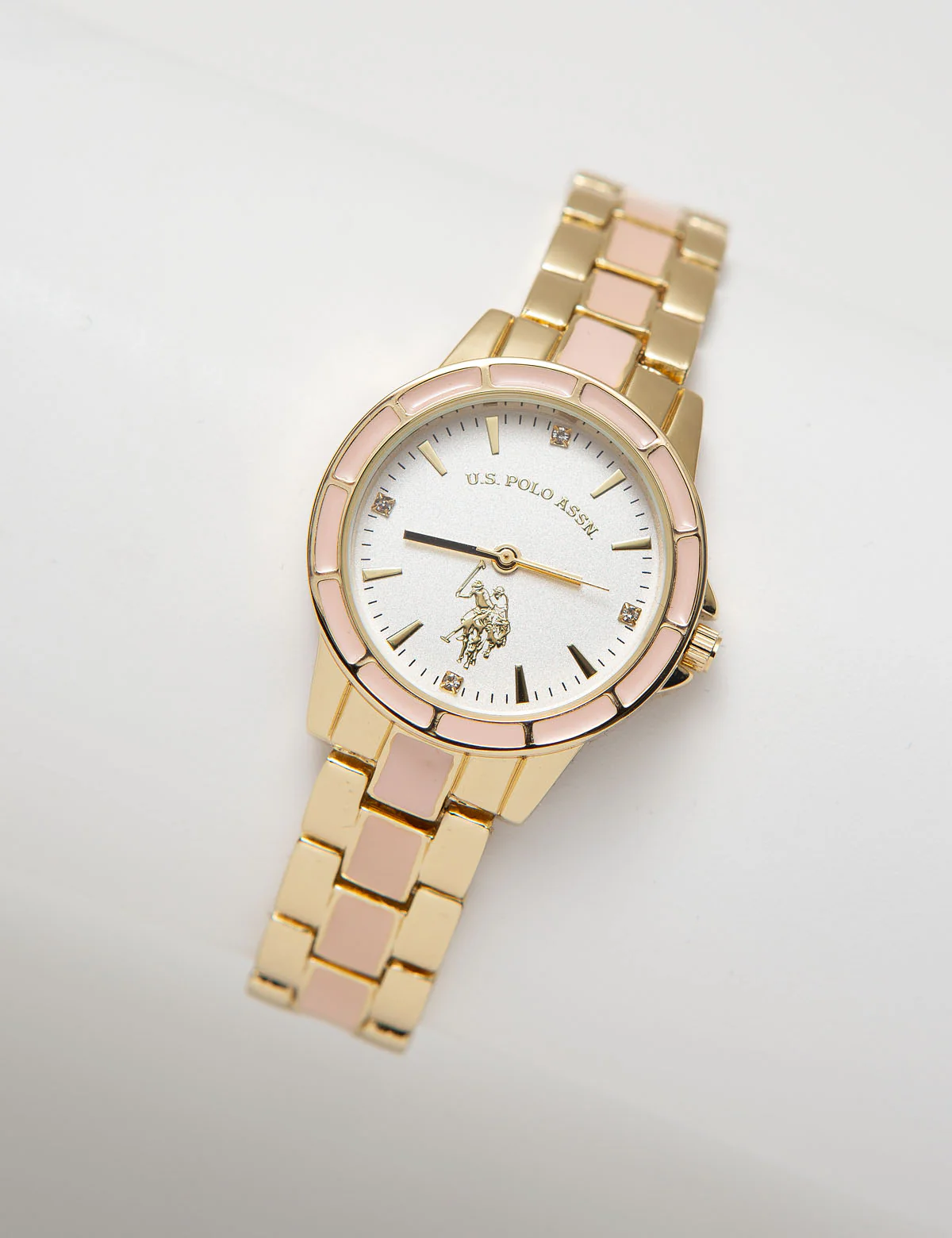 Ladies Goldtone and Pink Enamel Bracelet Watch