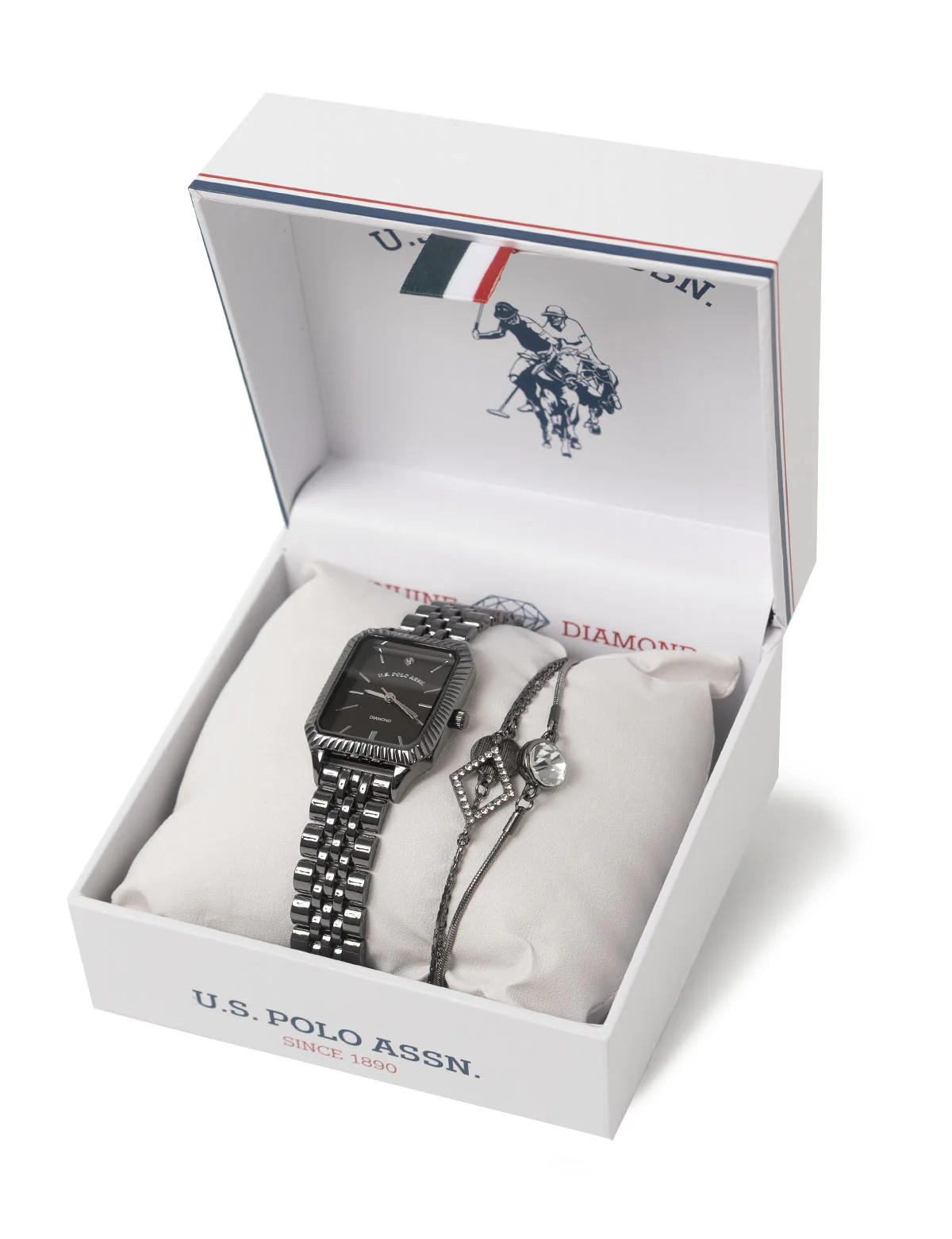 LADIES GUNMETAL SQAURE FACE WATCH AND BRACELET SET