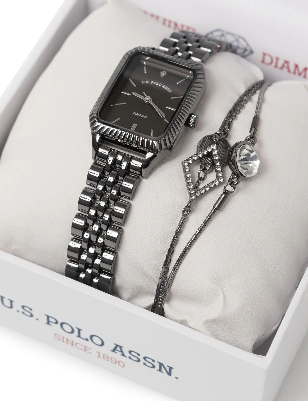 LADIES GUNMETAL SQAURE FACE WATCH AND BRACELET SET - Image 2