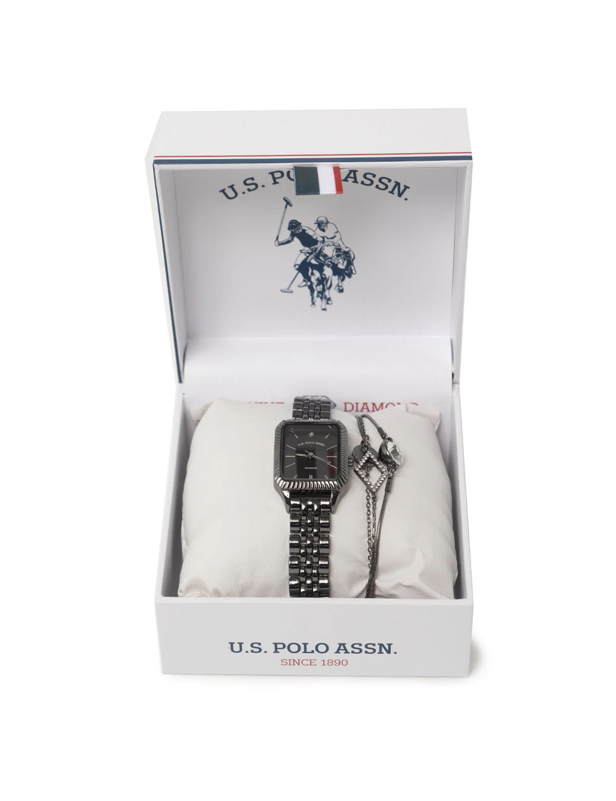 LADIES GUNMETAL SQAURE FACE WATCH AND BRACELET SET - Image 3