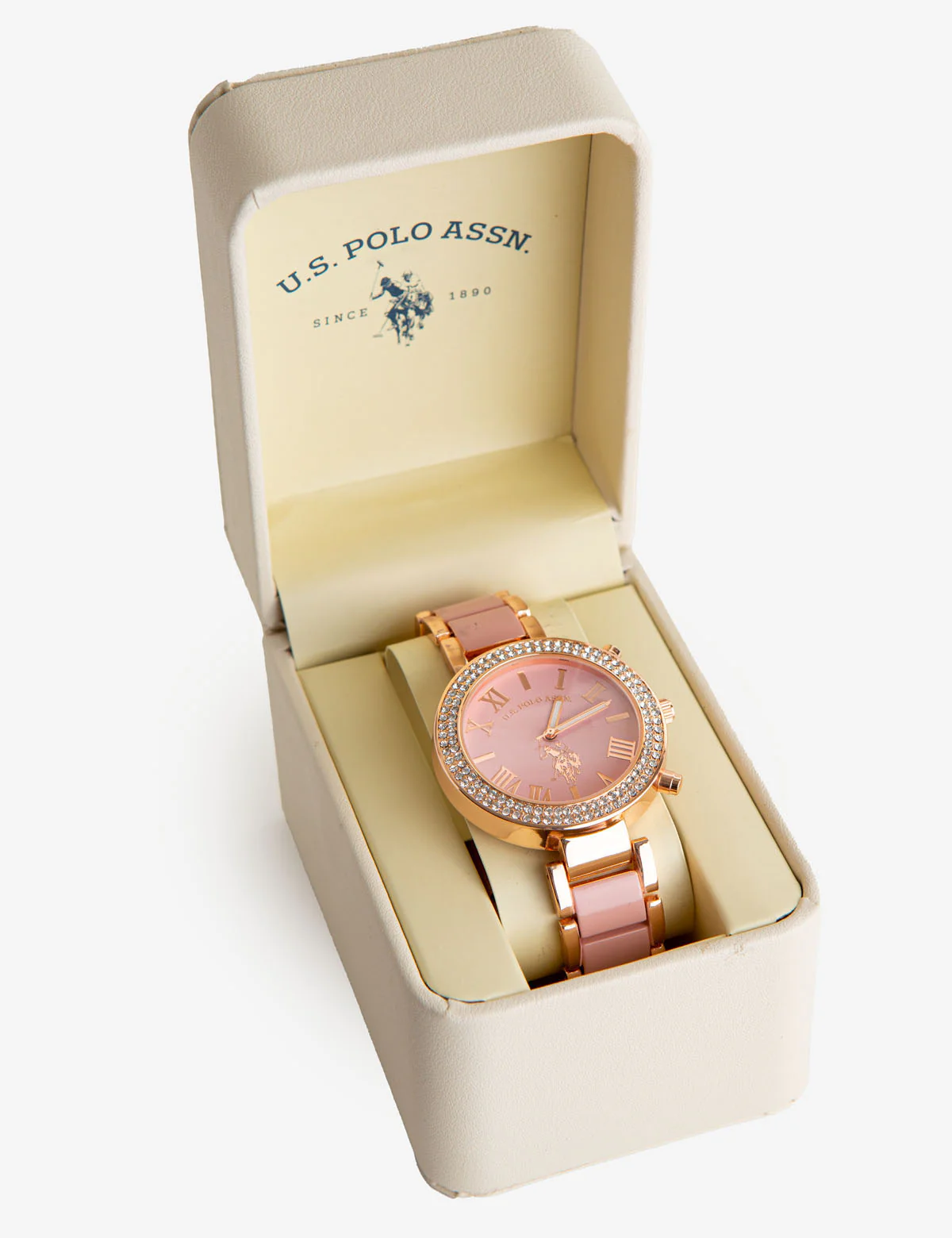 LADIES ROSE GOLD AND BLUSH ENAMEL LINK WATCH - Image 2