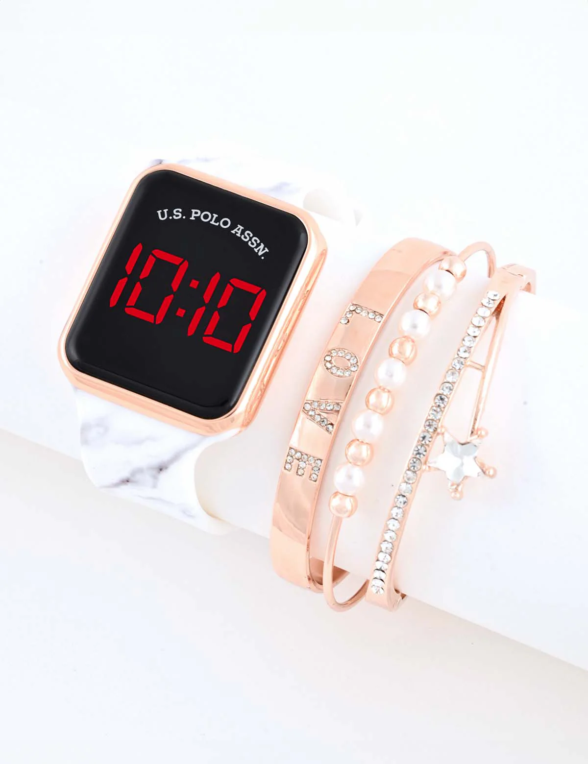 LADIES LED SQUARE FACE WATCH & STACKABLE BRACELETS SET