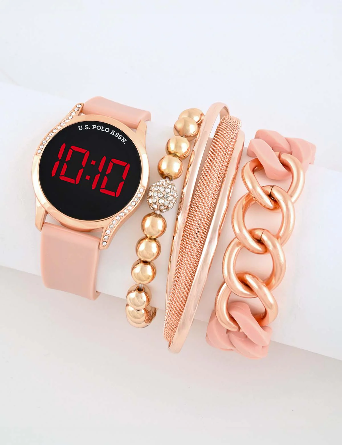 LADIES LED ROUND FACE WATCH & STACKABLE BRACELETS SET