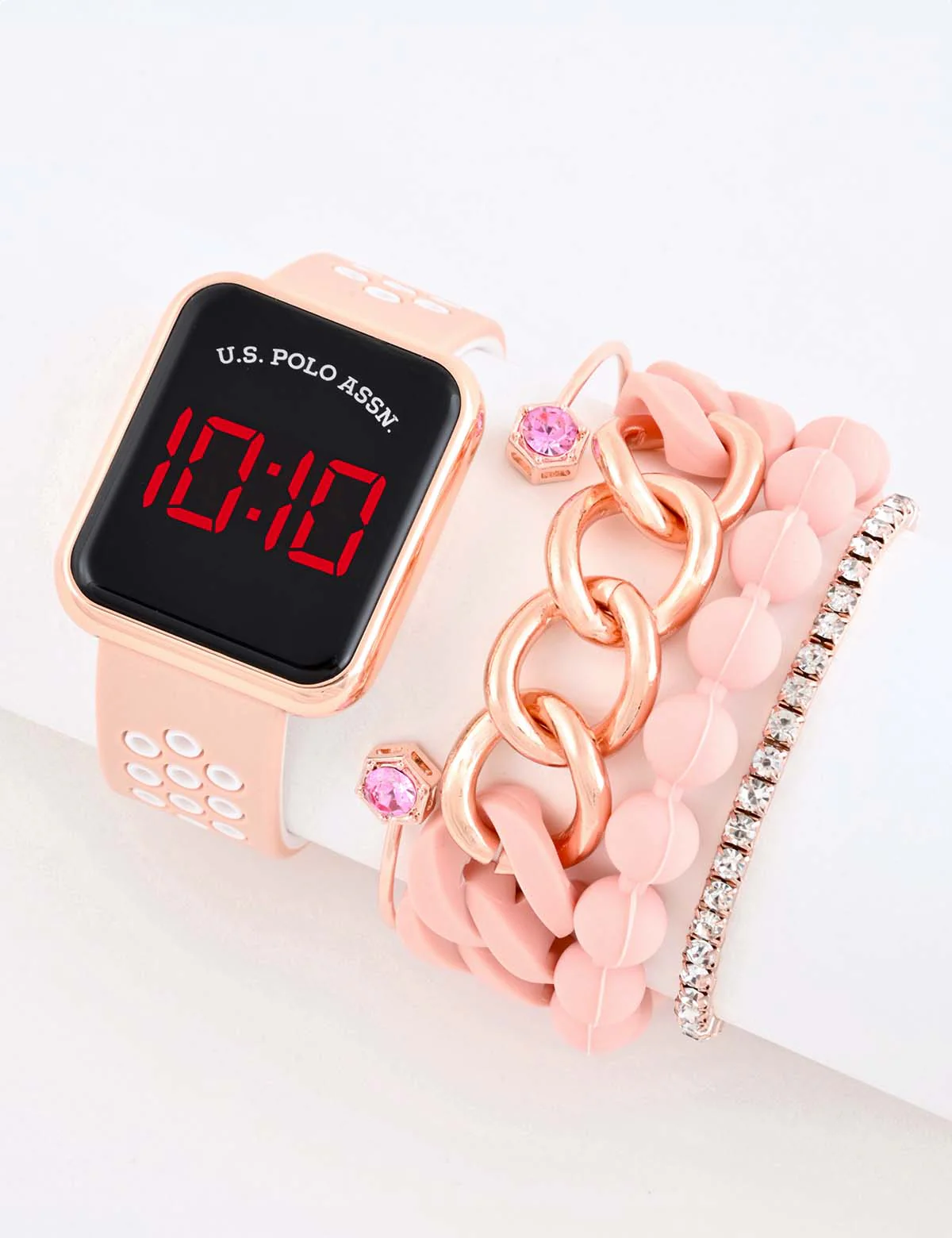 LADIES LED SQUARE FACE WATCH & STACKABLE BRACELETS SET