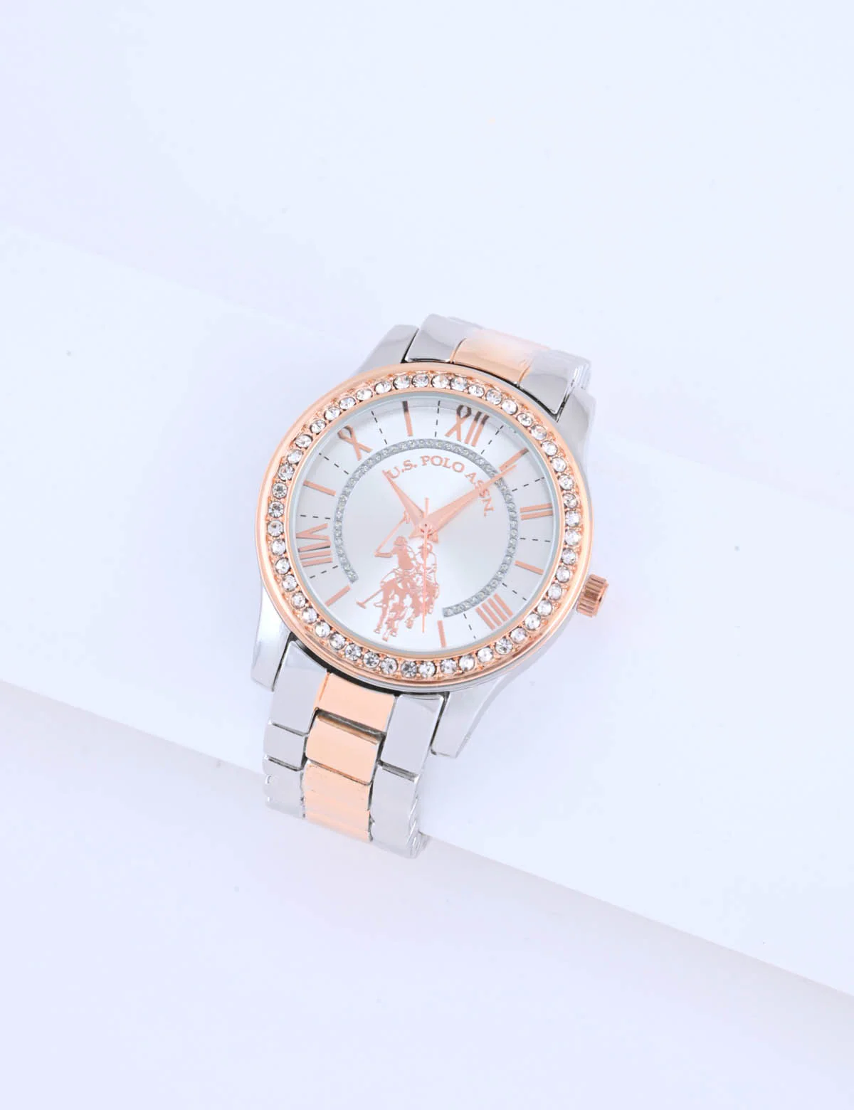 LADIES SILVER AND ROSE GOLD BRACELET WATCH