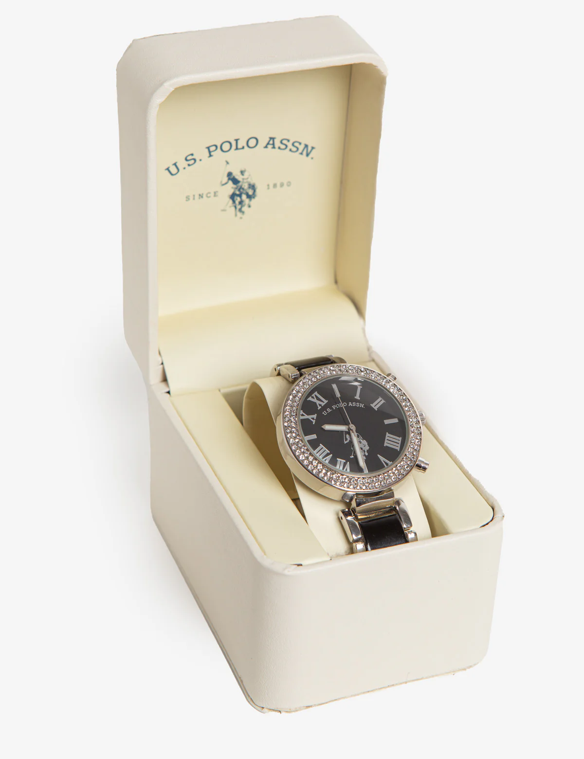 LADIES SILVER BLACK LINK WATCH WITH STONES - Image 2
