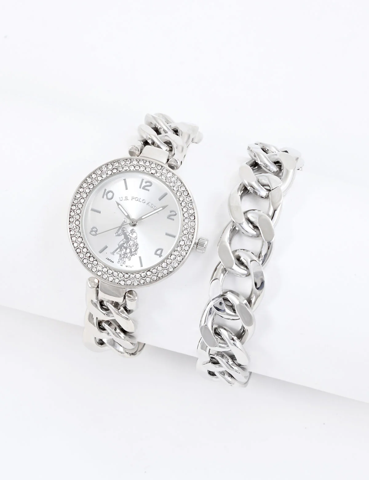 LADIES SILVER CHAIN WATCH AND BRACELET SET