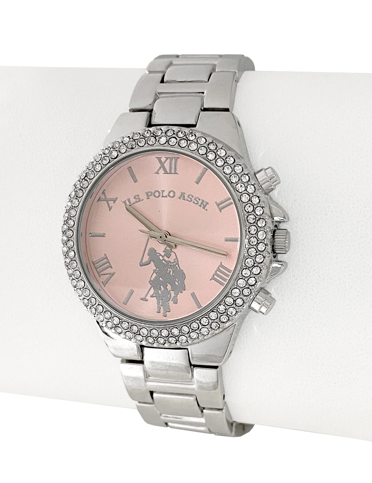 LADIES SILVER EMBELLISHED WATCH WITH PINK FACE