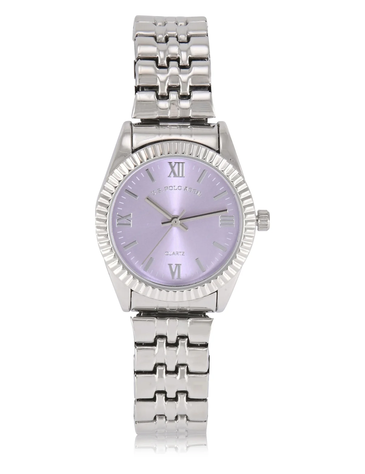 LADIES SILVER LINK WATCH WITH PURPLE FACE - Image 2