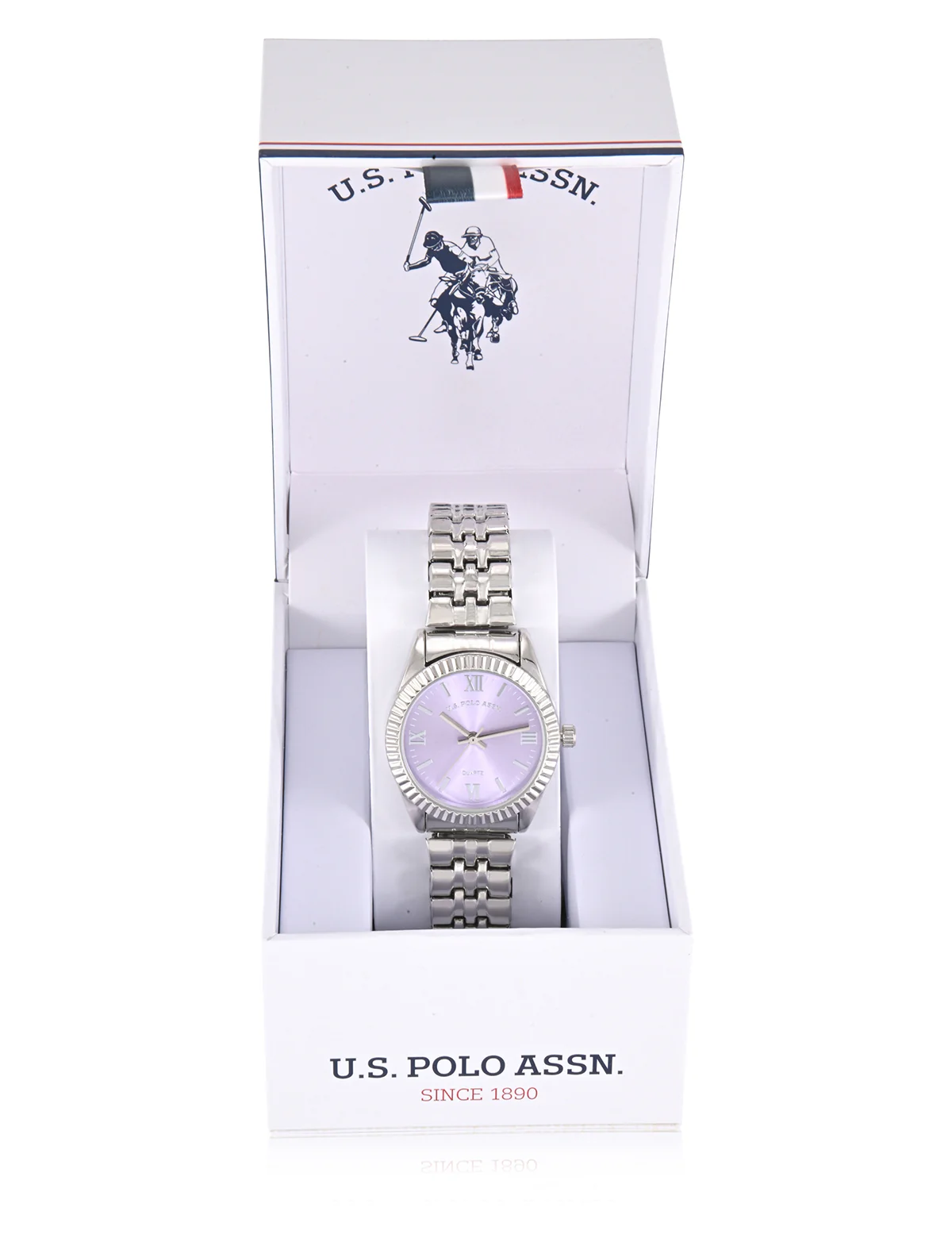 LADIES SILVER LINK WATCH WITH PURPLE FACE - Image 3