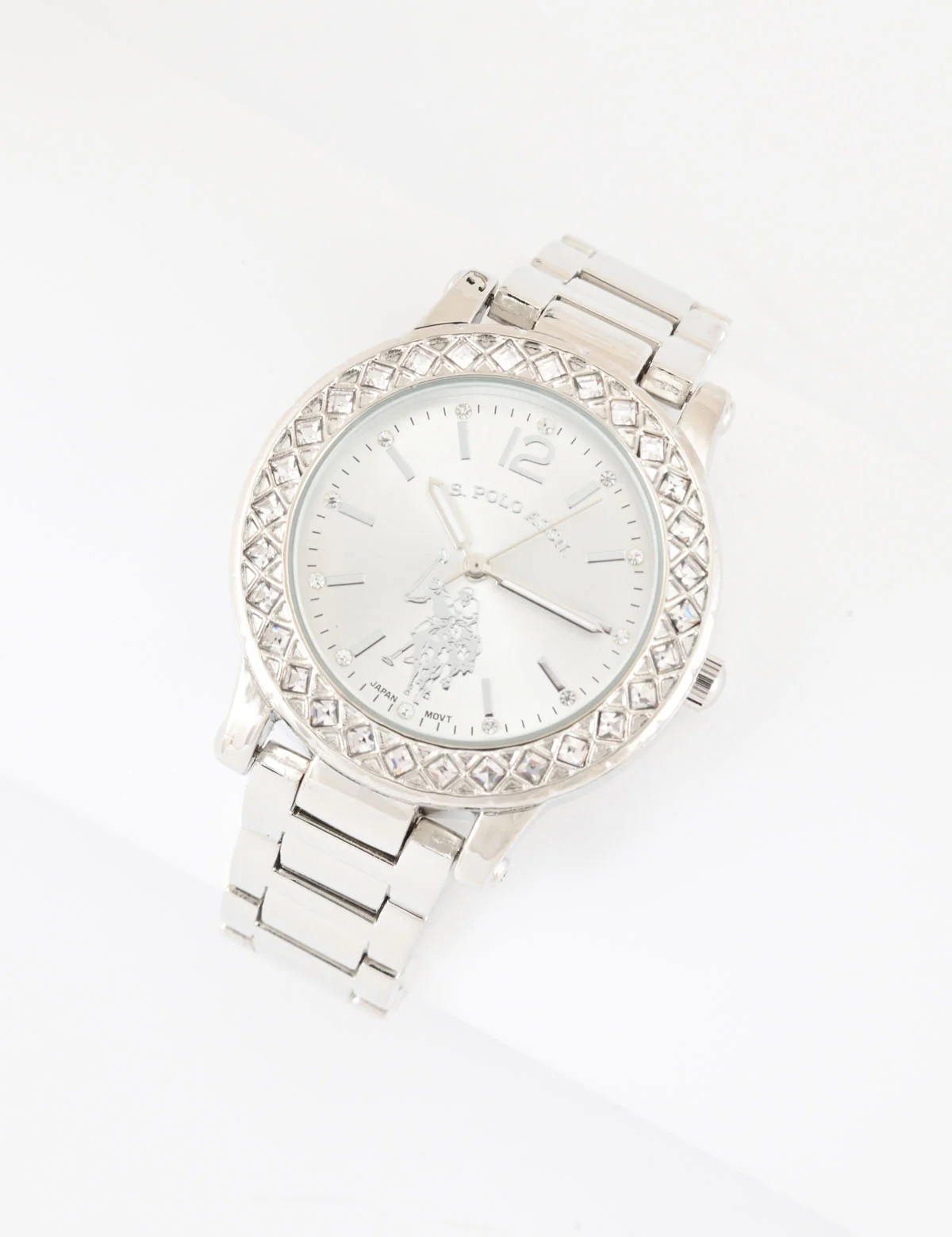 LADIES SILVERTONE BRACELET WATCH W CRYSTAL BEZEL