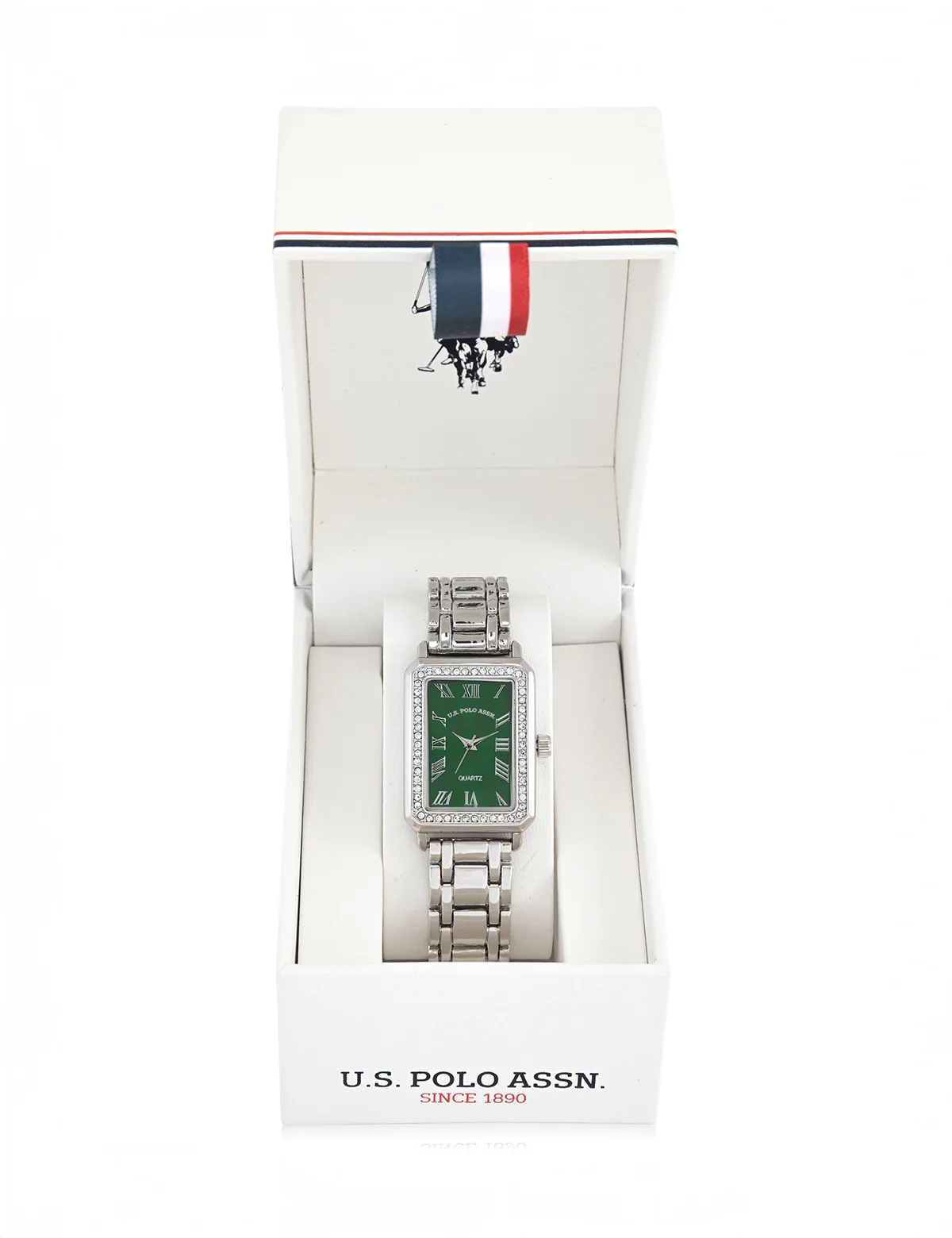 LADIES SQUARE SILVER LINK WATCH WITH GREEN FACE - Image 2