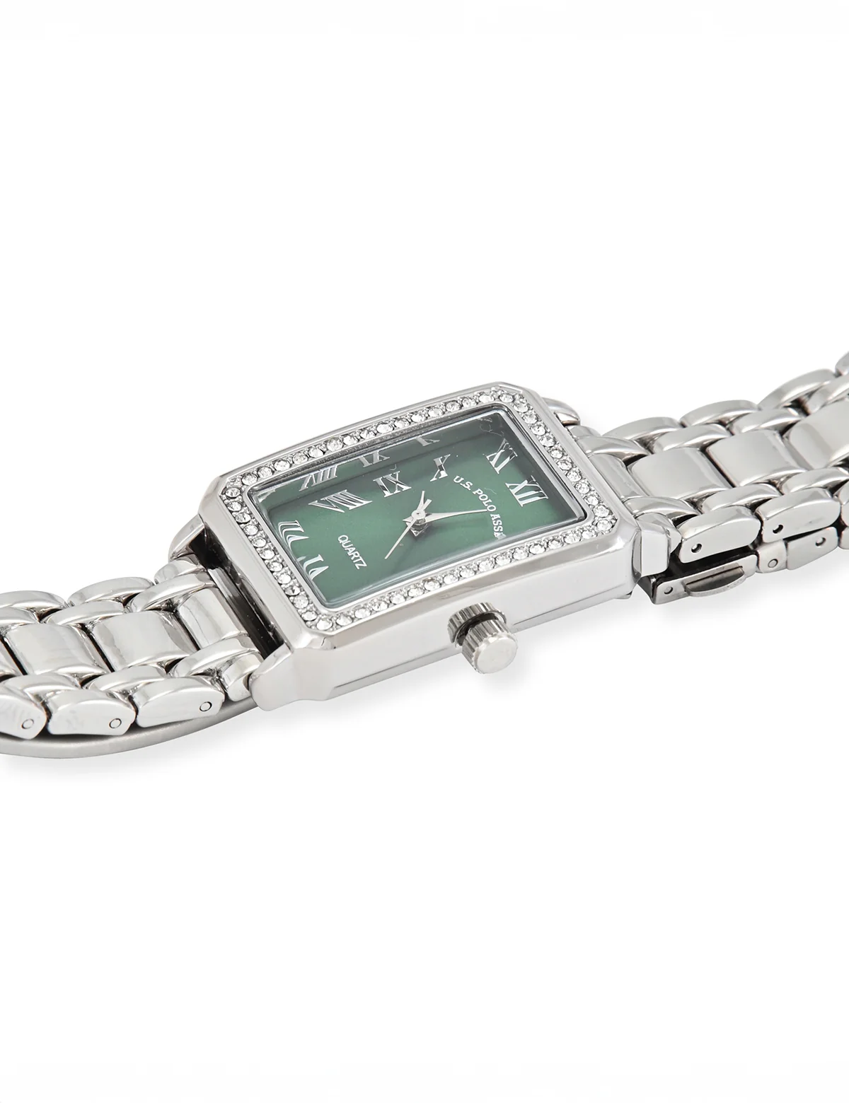 LADIES SQUARE SILVER LINK WATCH WITH GREEN FACE - Image 3