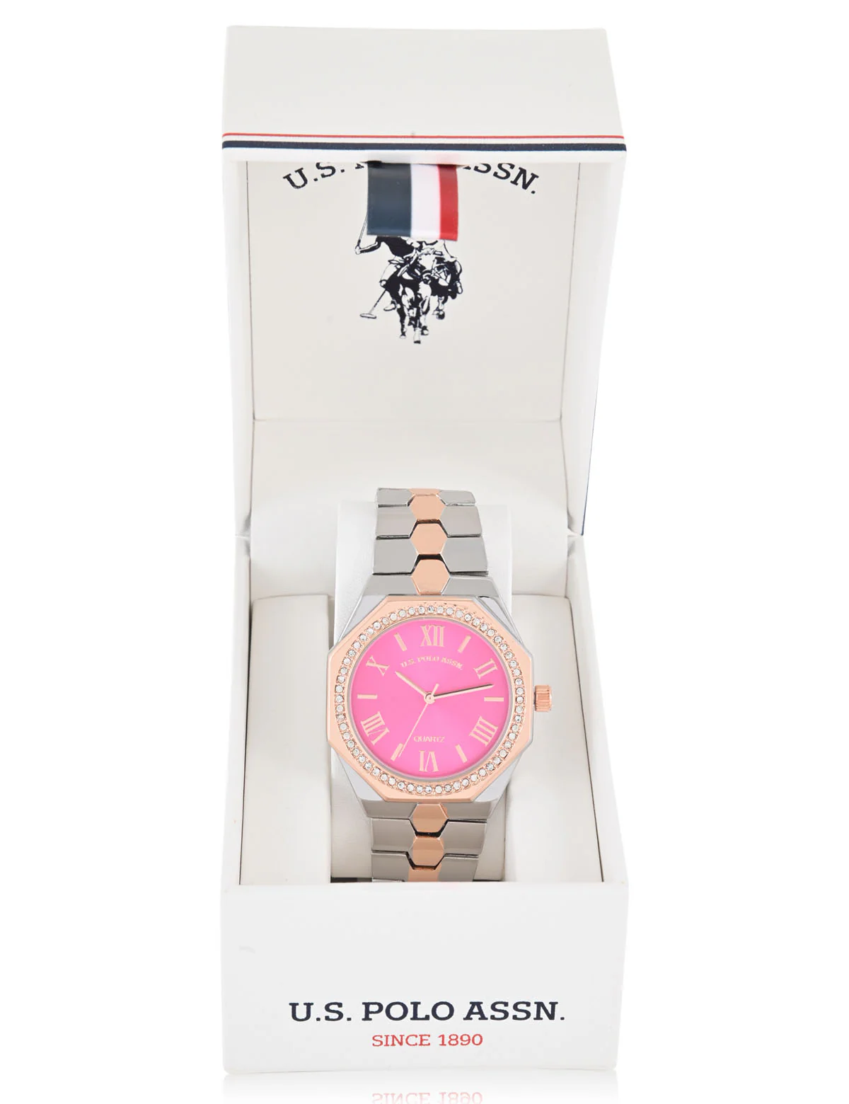 LADIES TWO TONE LINK WATCH WITH PINK FACE - Image 2