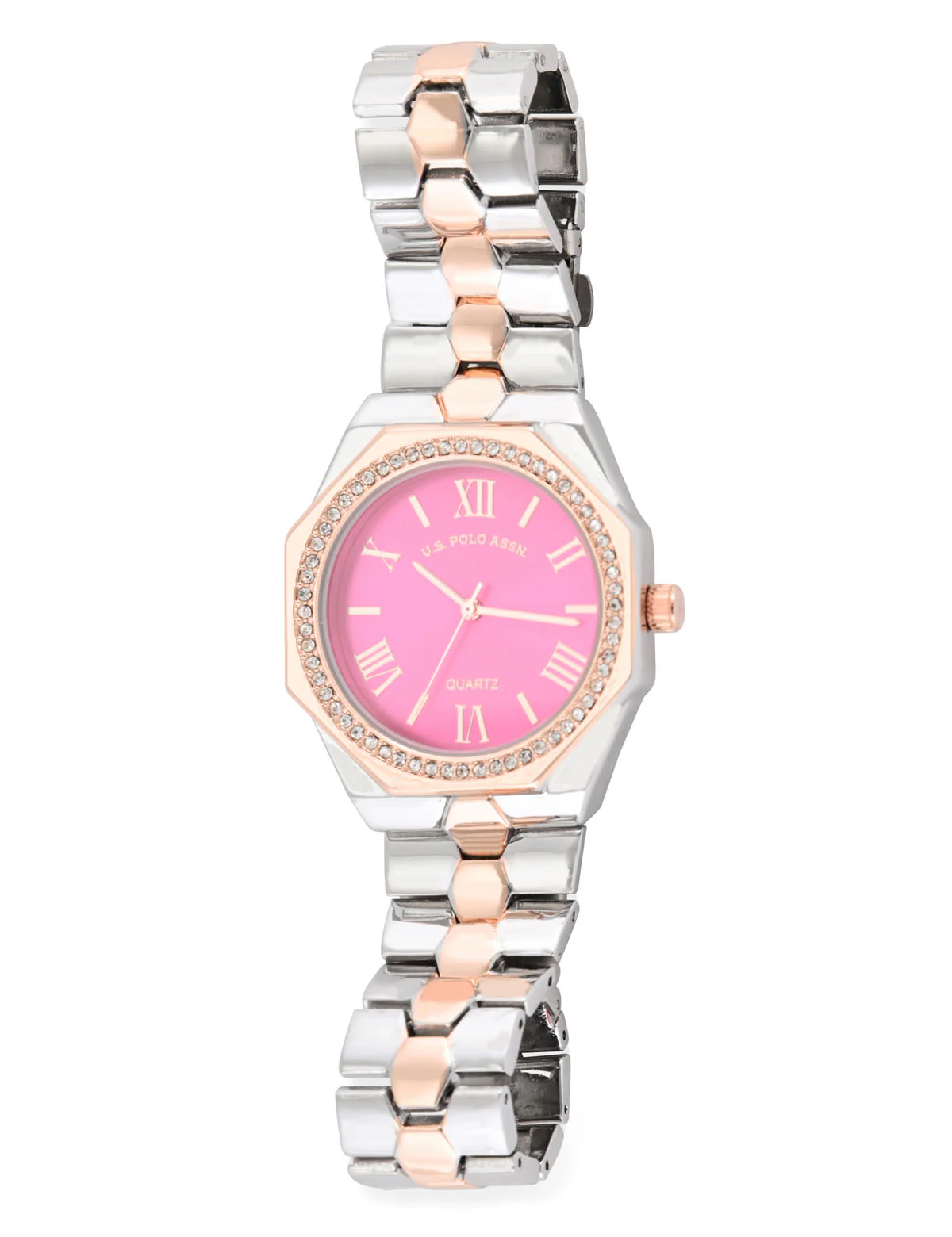 LADIES TWO TONE LINK WATCH WITH PINK FACE - Image 4