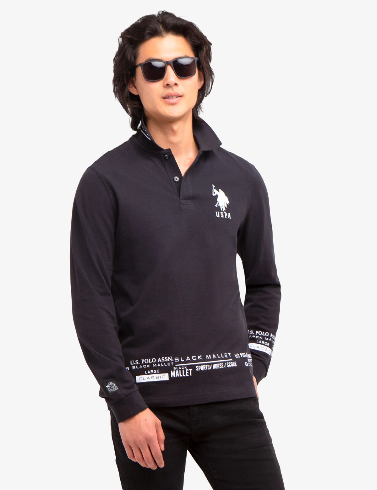 BLACK MALLET LOGO PRINT LONG SLEEVE POLO SHIRT - Image 7