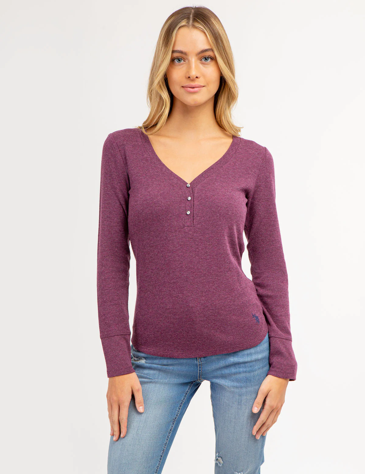 LONG SLEEVE WAFFLE KNIT HENLEY TOP WITH RHINESTONE BUTTONS - Image 14