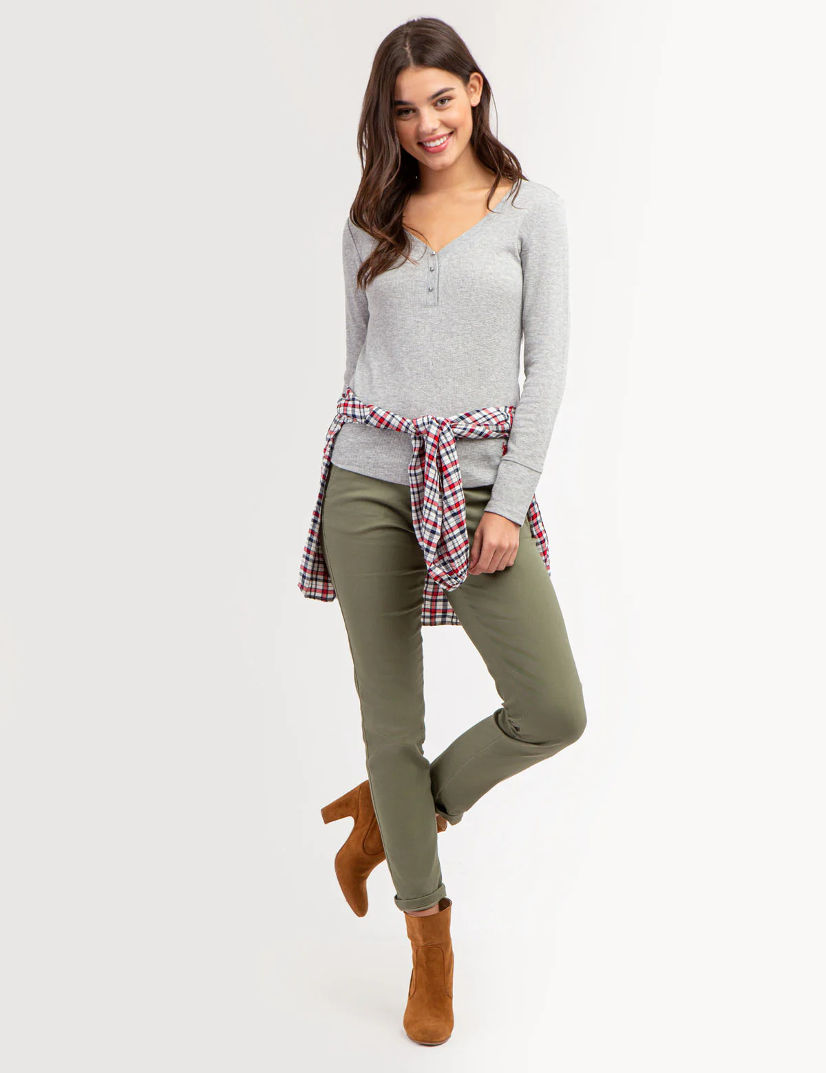 LONG SLEEVE WAFFLE KNIT HENLEY TOP WITH RHINESTONE BUTTONS - Image 2
