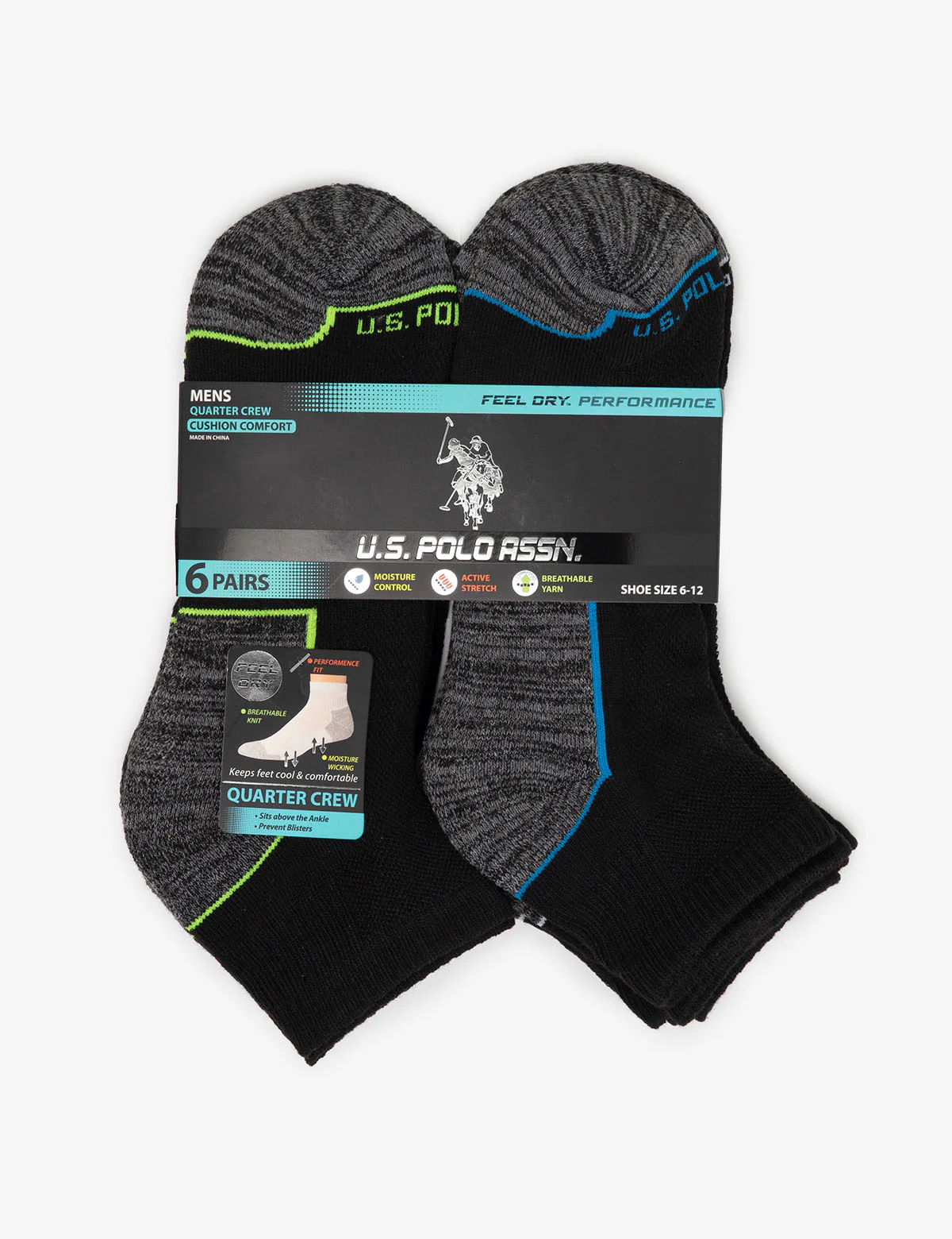MENS 6PK BLACK TIPPED QUARTER CREW SOCKS - Image 2