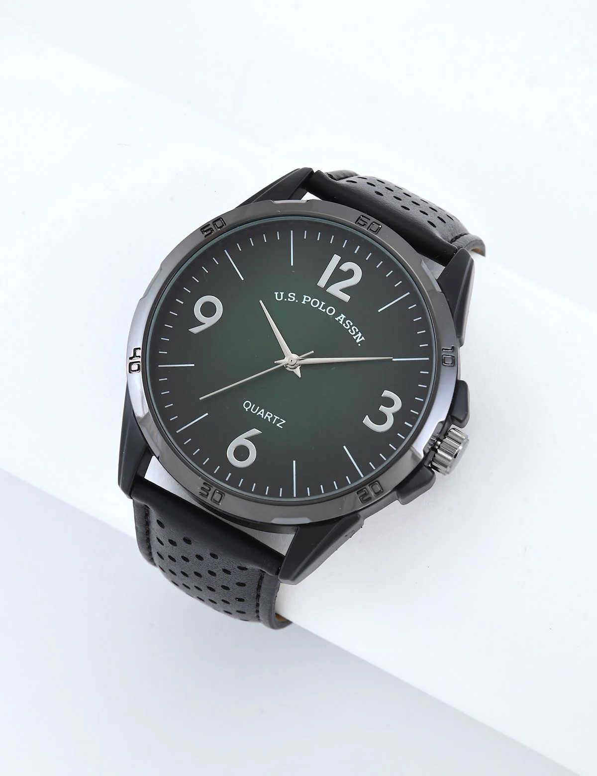 MENS BLACK STRAP GREEN FACE WATCH