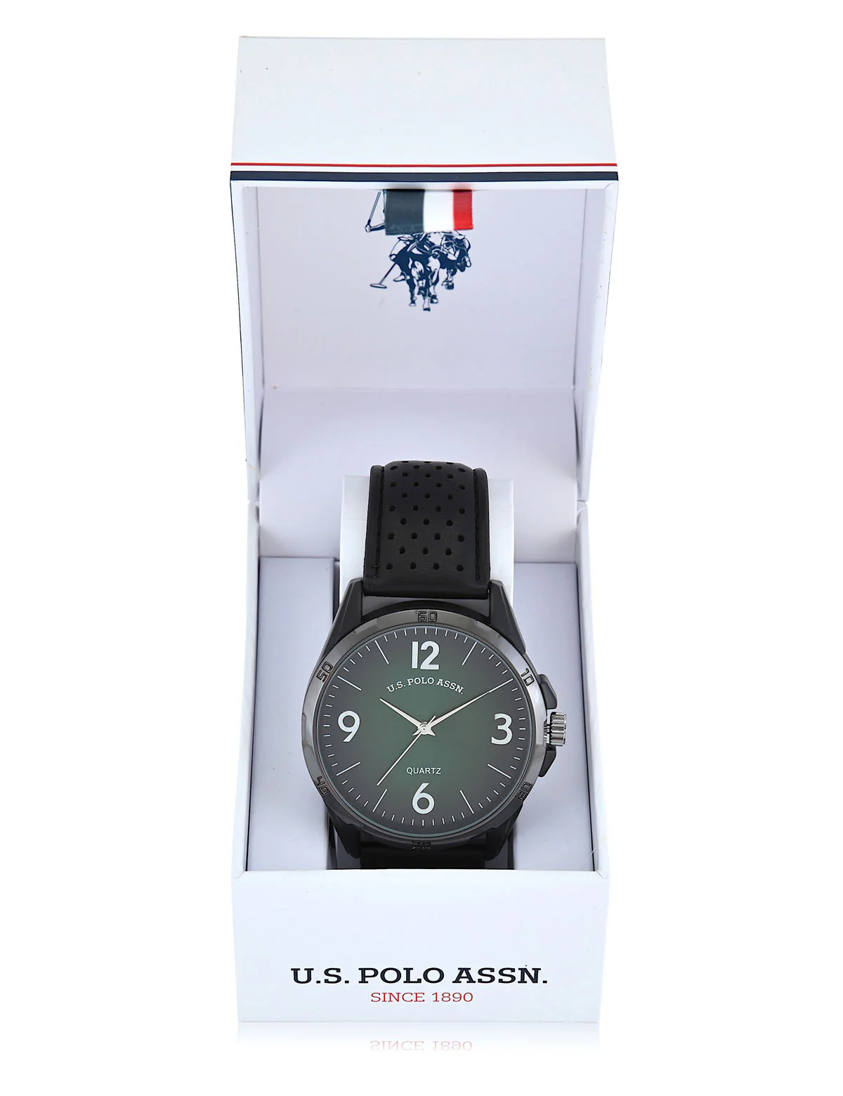 MENS BLACK STRAP GREEN FACE WATCH - Image 2