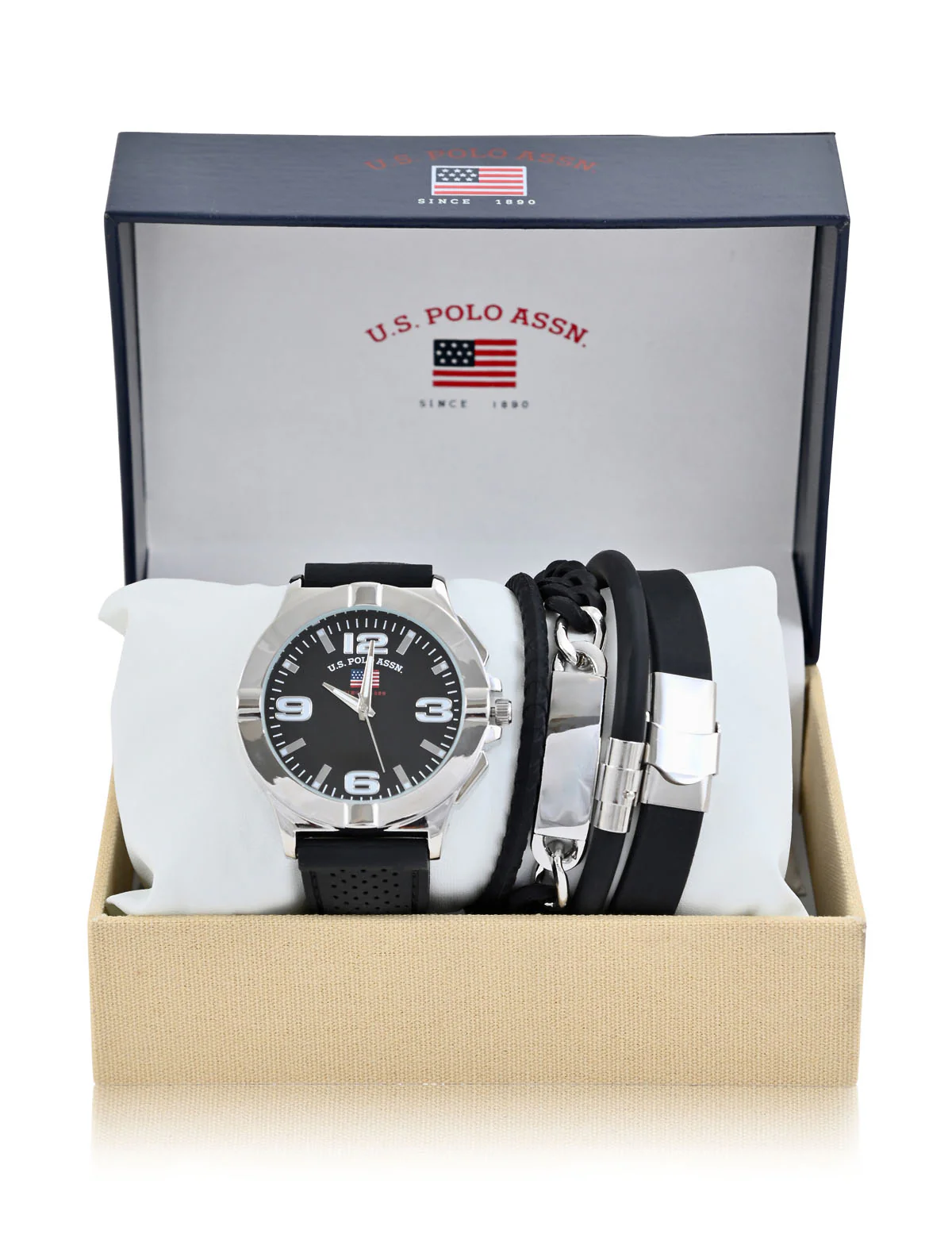 MEN'S BLACK WATCH AND STACKABLE BRACELETS SET