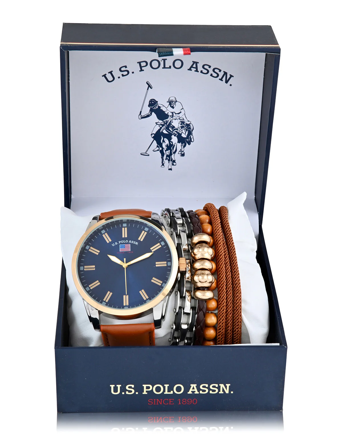 MENS BROWN STRAP WATCH & BRACELETS SET