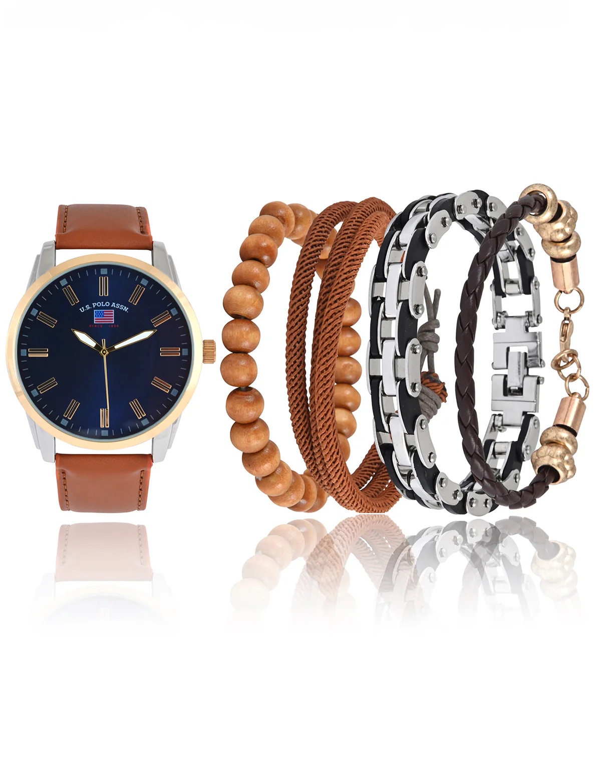 MENS BROWN STRAP WATCH & BRACELETS SET - Image 3