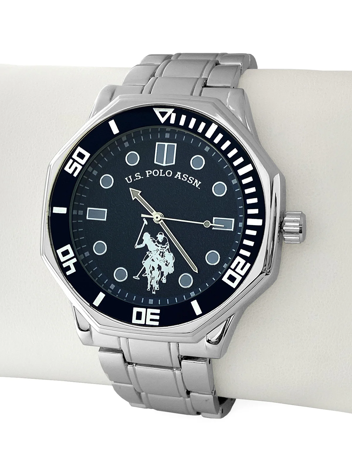 MENS SILVER LINK ANALOG WATCH WITH NAVY FACE