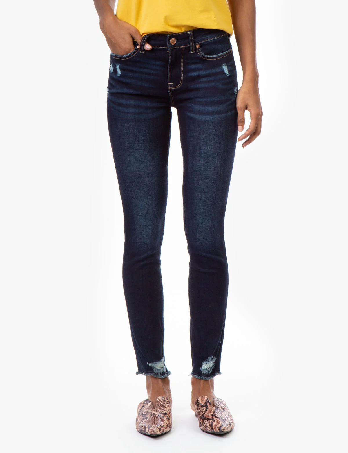 REPREVE® MID RISE DARK DESTRUCTUED JEANS