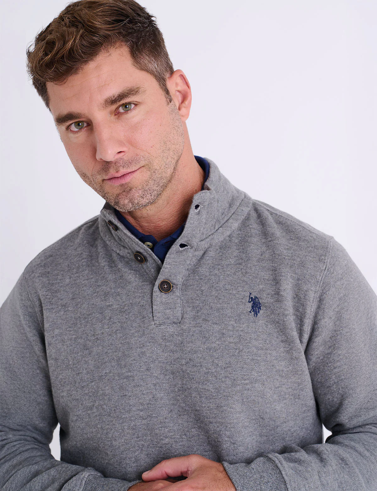 PEACHED FLEECE BUTTON MOCK NECK PULLOVER - Image 2