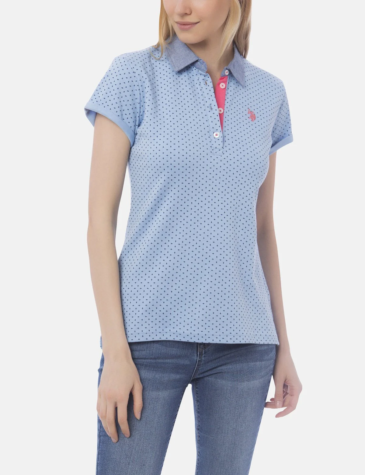 PREMIUM DOT PRINTED CHAMBRAY COLLAR POLO SHIRT