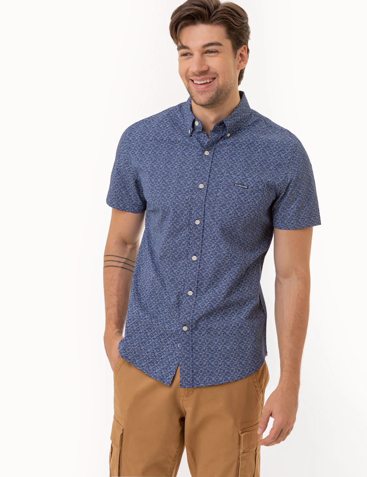 PRINTED STRETCH POPLIN SHORT SLEEVE SHIRT