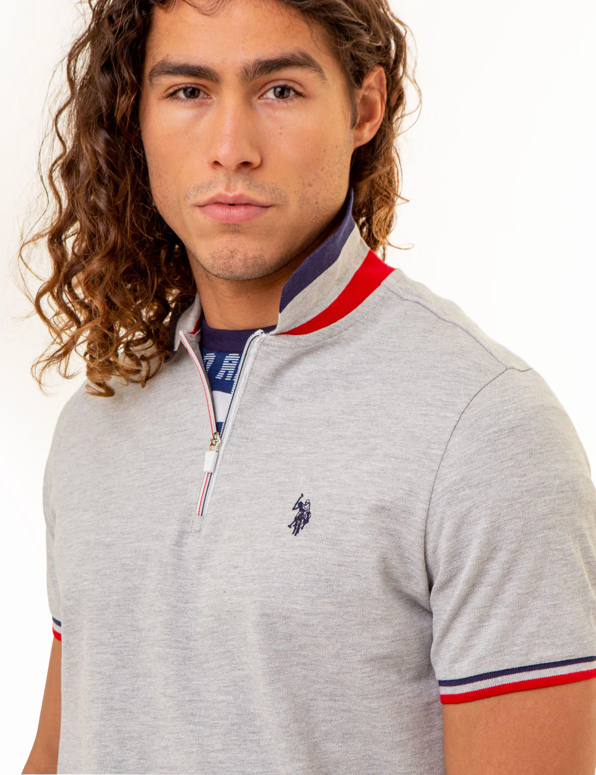 RED WHITE AND BLUE ZIPPER PIQUE POLO SHIRT - Image 2