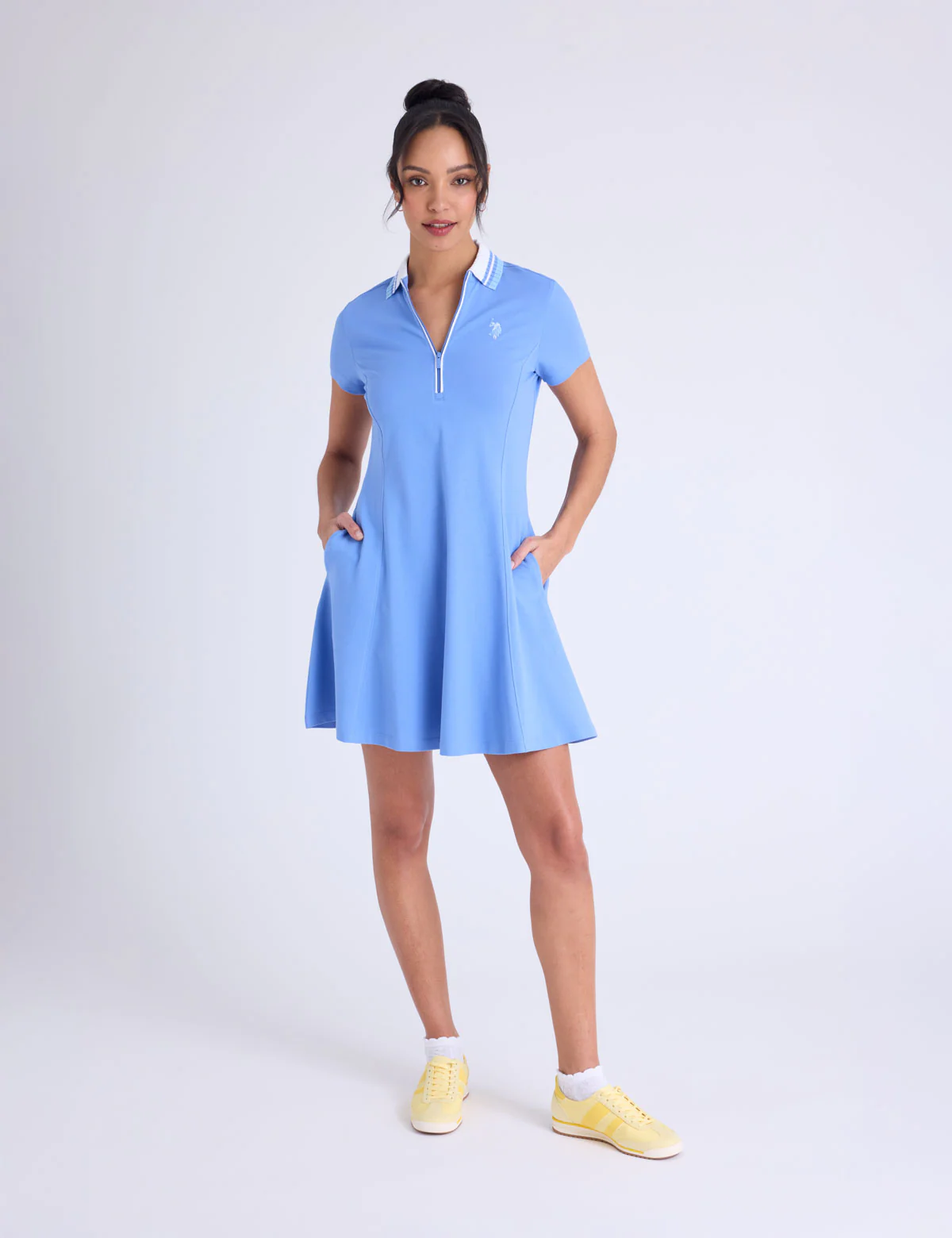RIB KNIT COLLAR ZIPPER PLACKET SWING DRESS