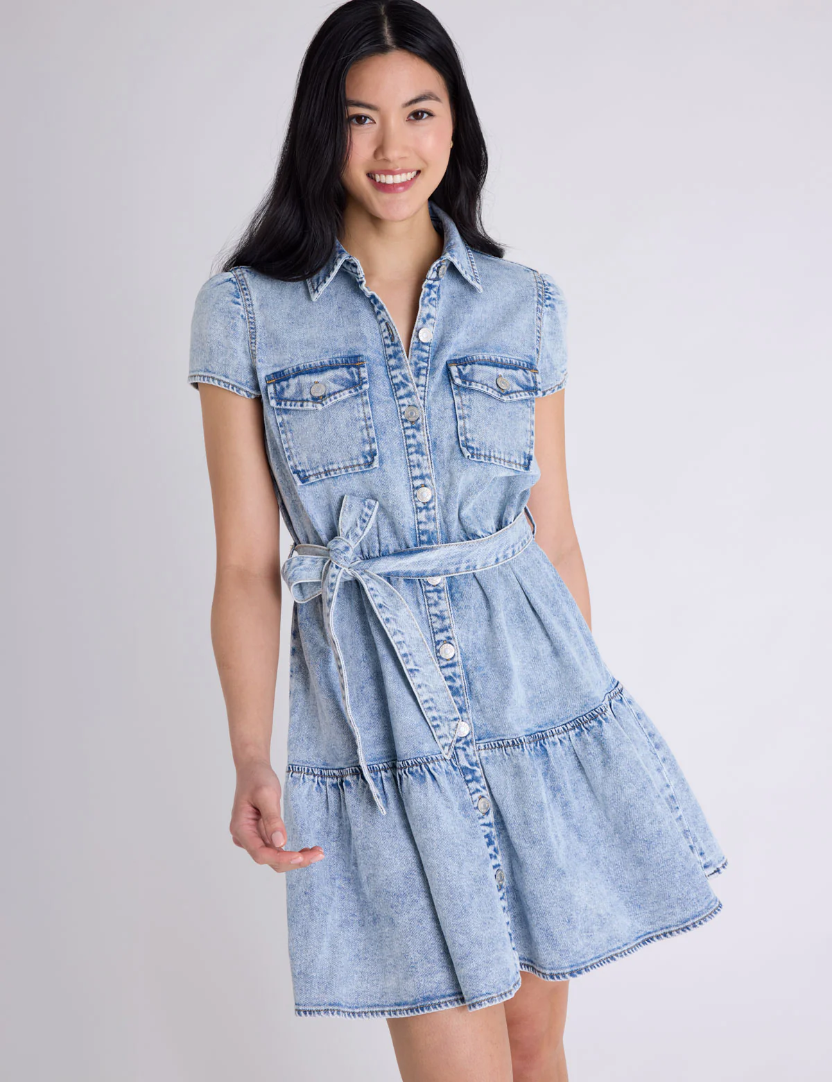 SHORT SLEEVE BELTED PEPLUM DENIM DRESS - Image 4