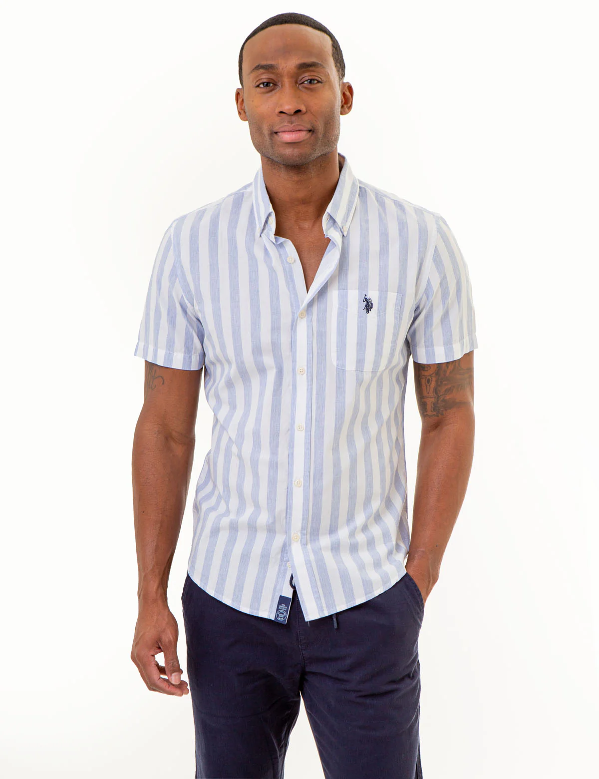 SHORT SLEEVE HEATHER POPLIN STRIPED SHIRT